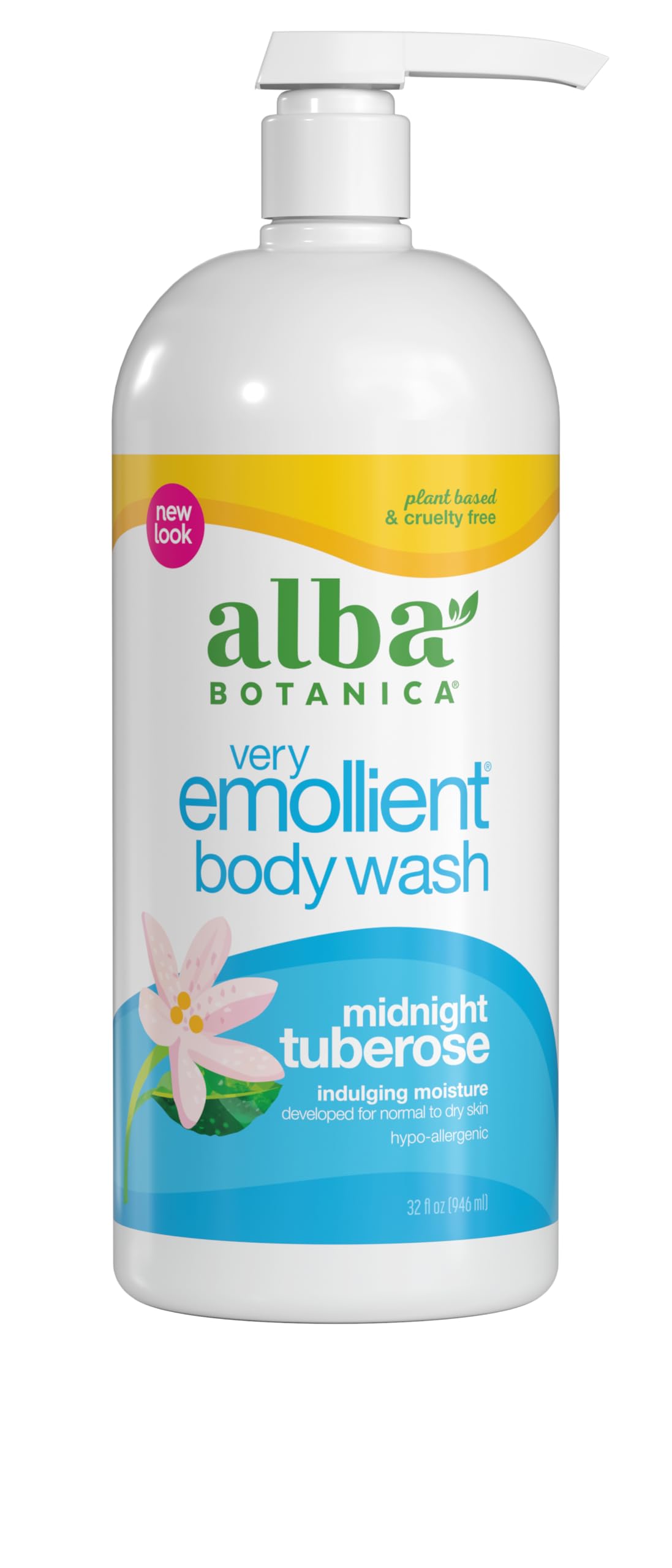 Alba Botanica Very Emollient Body Wash - Midnight Tuberose Scent, 32 Oz, Ultra Hydrating & Nourishing for Dry Skin | Packaging May Vary | Perfect for Relaxing Nighttime Showers & Spa Days