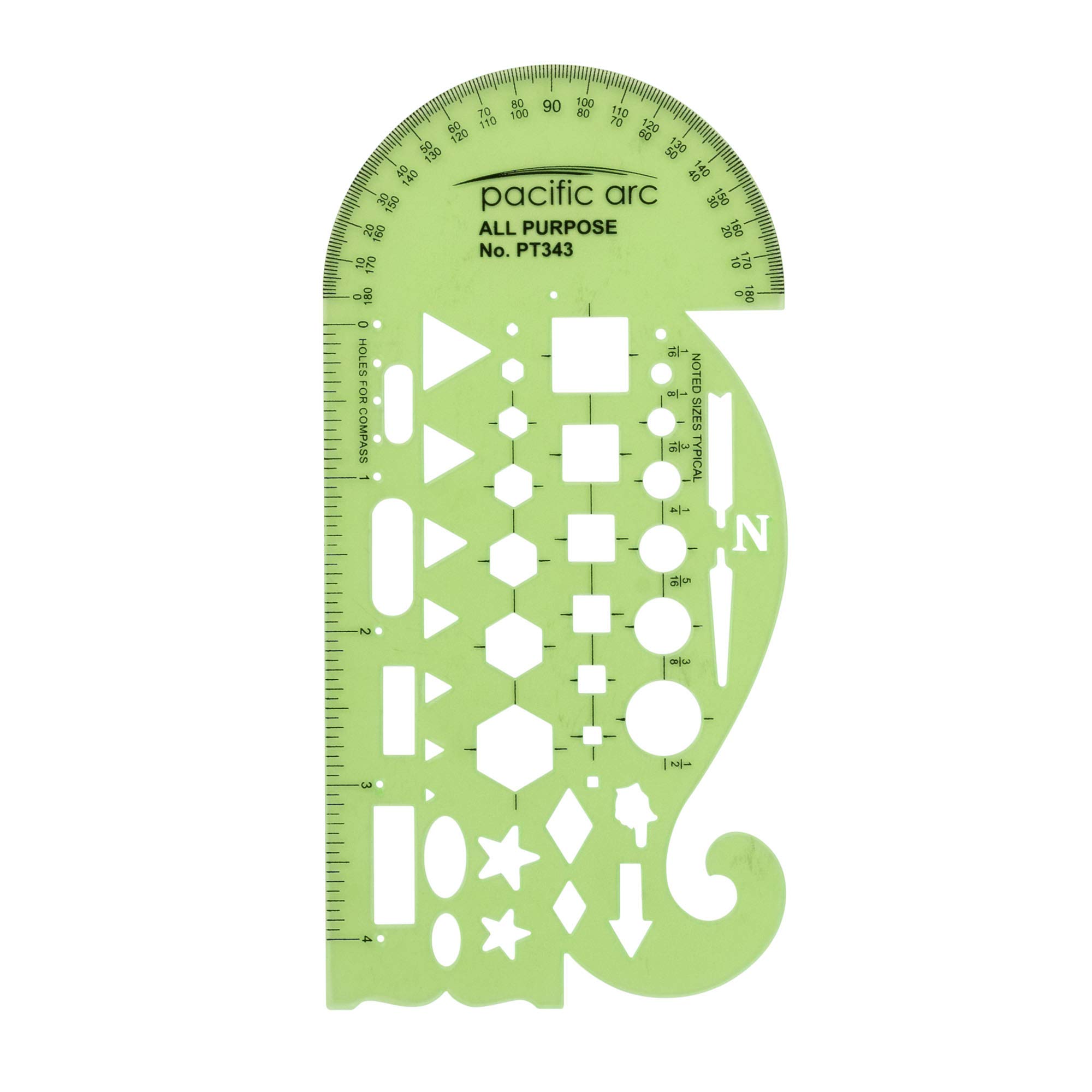 Pacific Arc All-Purpose Template Guide with Protractor, 4-Inch Ruler, French Curves & Standard Shapes - Perfect for Drafting, Architecture, Engineering & DIY Projects