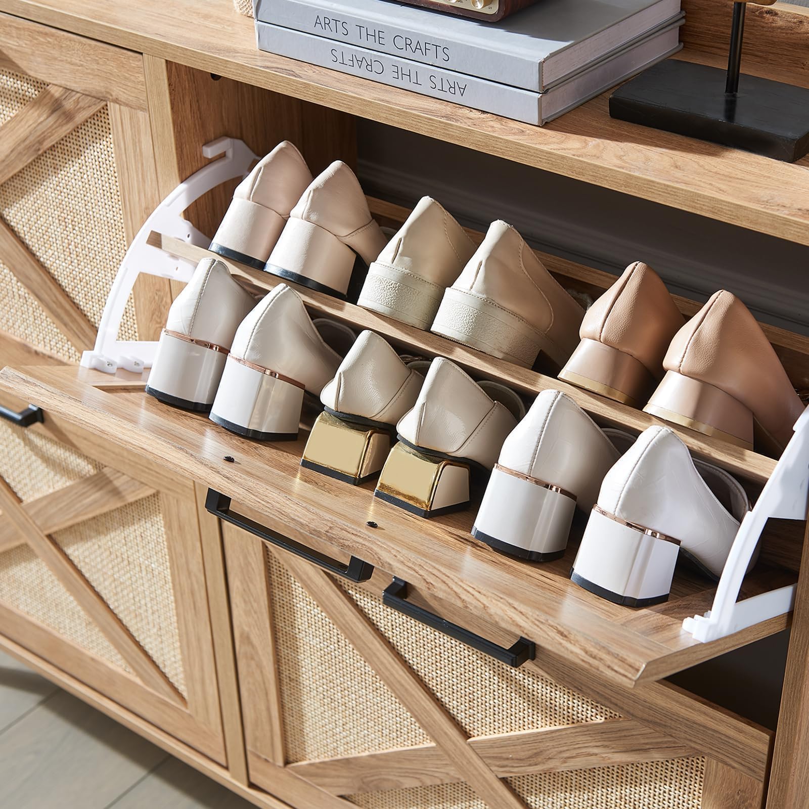 Boho Shoe Storage Cabinet with 4 Flip Drawers & Rattan Design - Freestanding Farmhouse Narrow Shoe Organizer for Entryway, Hallway, Foyer - Perfect for Small Spaces & Home Decor (Natural) - Ideal for Organizing Shoes in Apartments, Dorms, and Closets