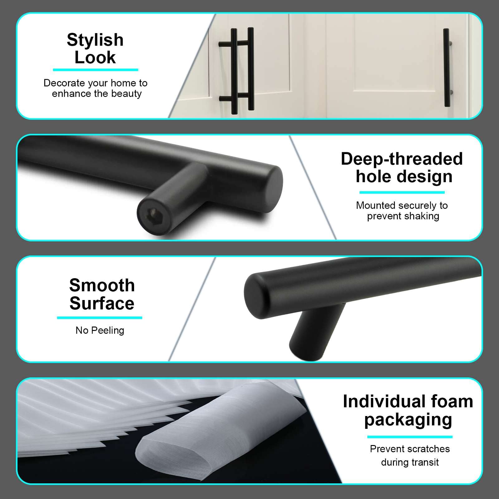 Stainless Steel Cabinet Handles 15 Pack - Matte Black for Kitchen & Bathroom