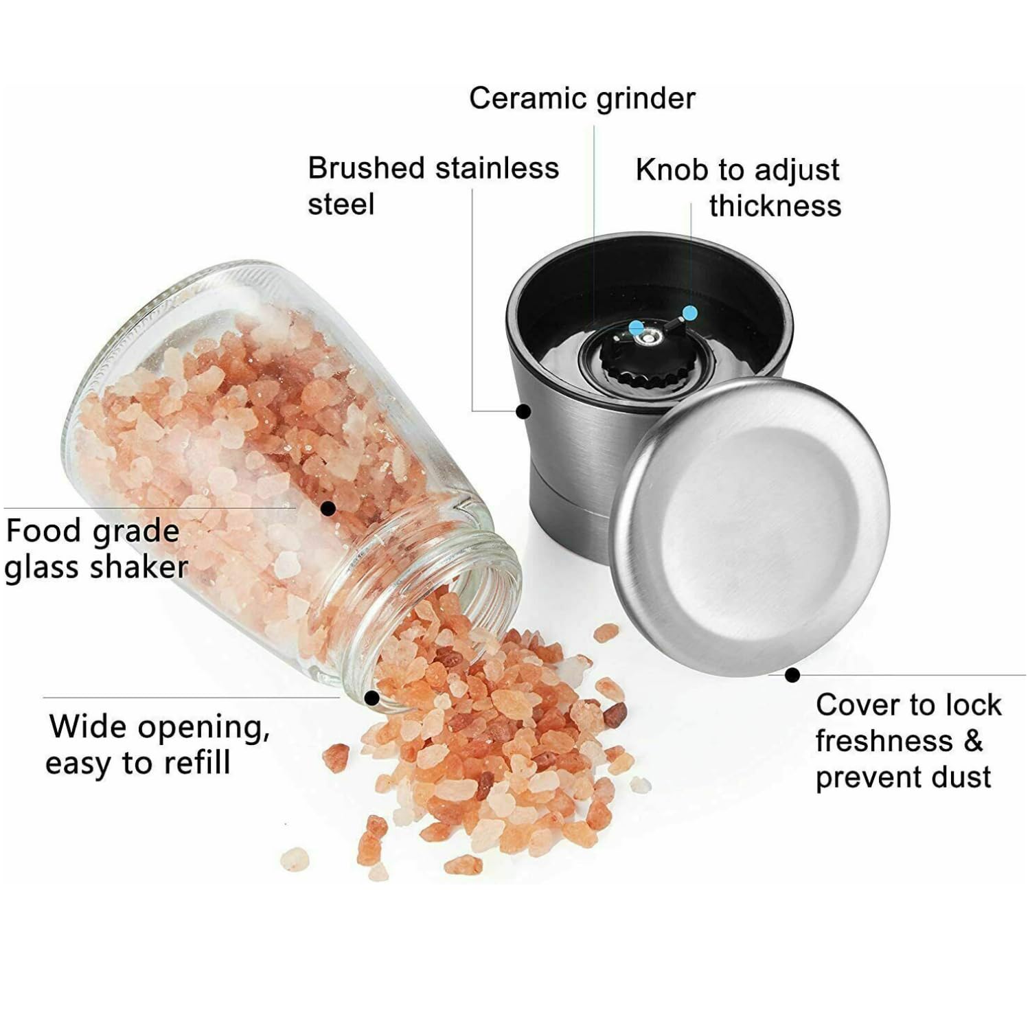 Premium Stainless Steel Salt and Pepper Grinder Set - Adjustable Coarseness, Glass Body & Brushed Finish - Perfect for Kitchen, Dining Table, and Gourmet Cooking - Ideal Gift for Home Chefs