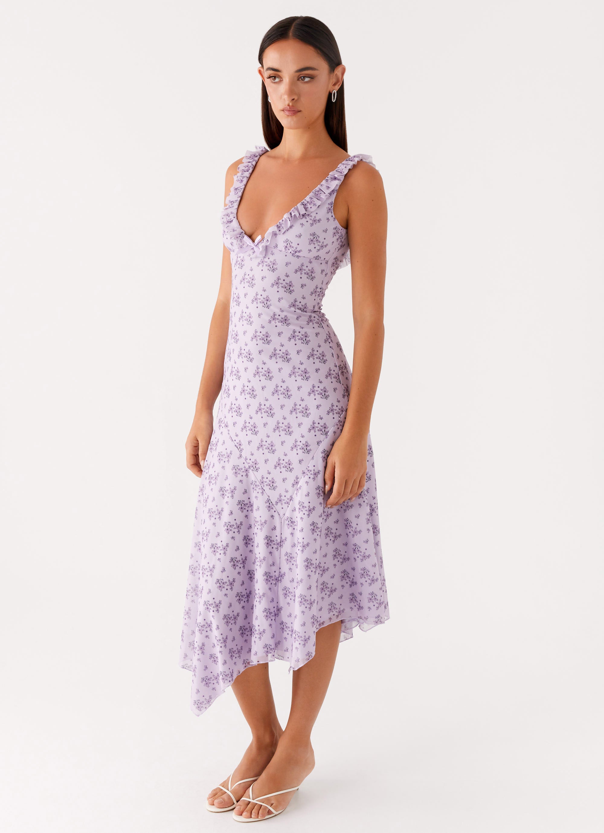 Asteri Midi Dress - Flowy Floral Print Summer Dress in Lavender Meadow | Perfect for Beach Vacations, Brunch Dates & Outdoor Weddings