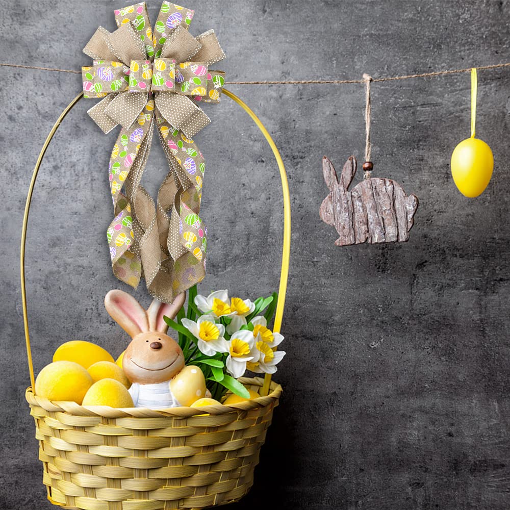 Easter Wreath Bows for Front Door - Large Flaxen Burlap Bows with Easter Eggs for Spring Holiday Decor - Perfect for Wreaths, Walls, Windows, and Tree Toppers - Home & Easter Party Decorations