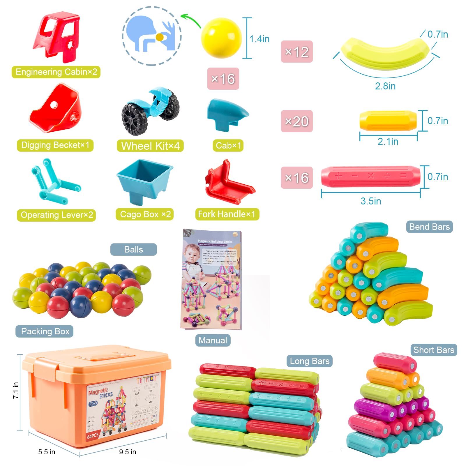 64Pcs Magnetic Building Blocks STEM Educational Toys for Kids Ages 3-8 - Montessori Sensory Learning Toys with 2 Cars for Toddlers Boys & Girls | Perfect for Preschool Classroom, Birthday Gifts & Creative Playtime