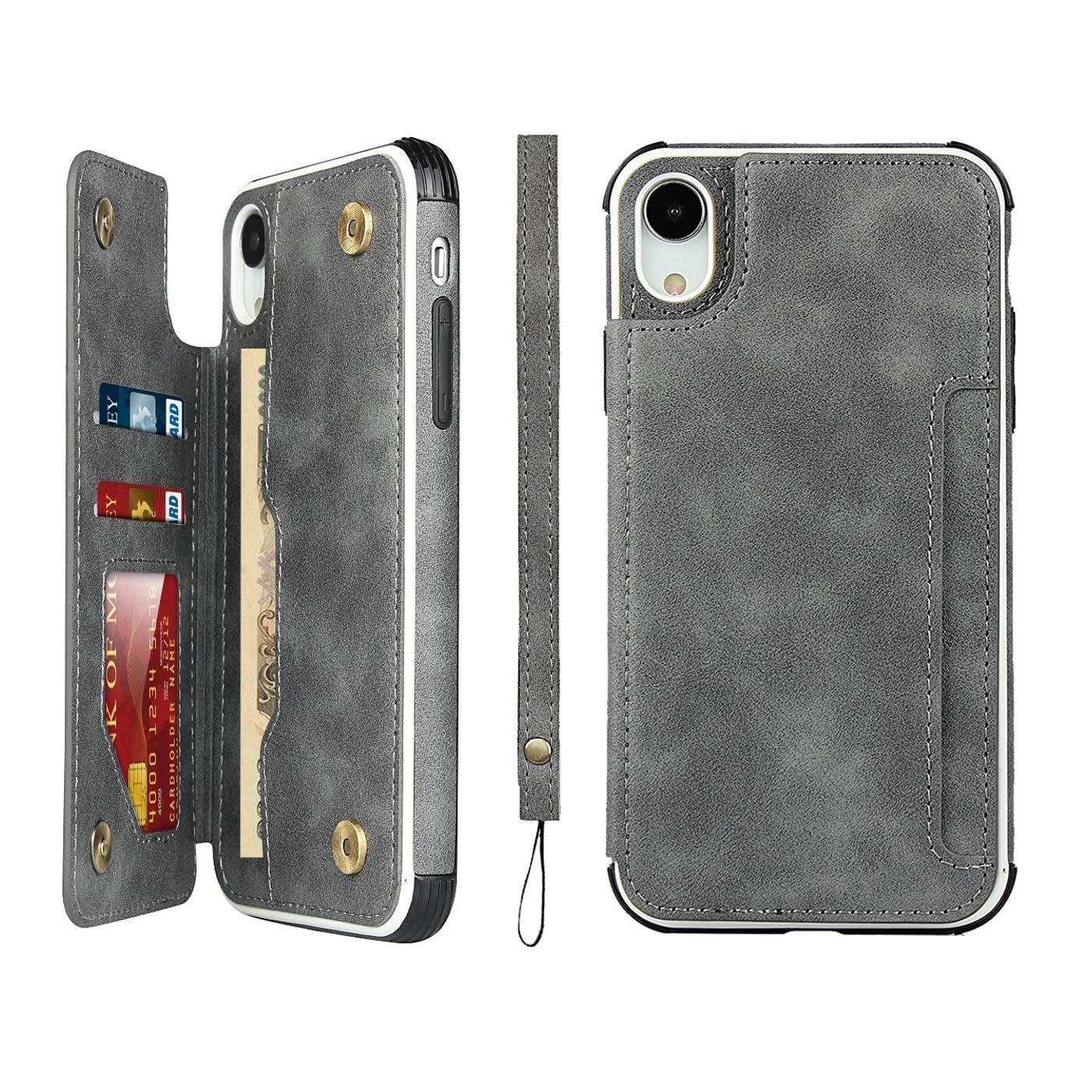 Premium PU Leather iPhone XR Wallet Case with Card Slots, Wrist Strap & Kickstand - Magnetic Clasp Shockproof Cover for iPhone XR 6.1 Inch (Gray) | Perfect for Travel, Work & Everyday Protection