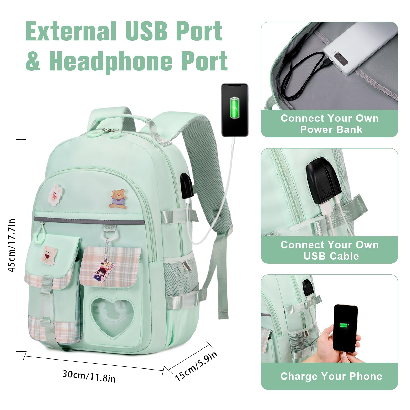 Stylish Girls Backpack for School, Travel & Daily Use - Cute Bookbag for Kids, Teens & Women - Lightweight Daypack with Lunch Box - Perfect for Elementary, Middle School & College (Green)