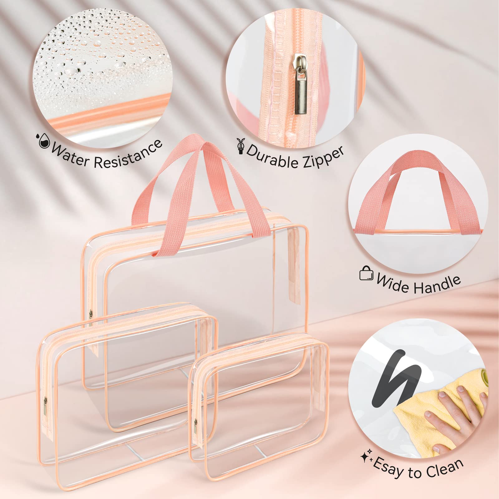 TISRATOK 10-Piece Clear Travel Makeup Bag Set - TSA Approved PVC Cosmetic Organizer with Zipper for Toiletries, Pink - Perfect for Air Travel, Gym & Daily Essentials Storage