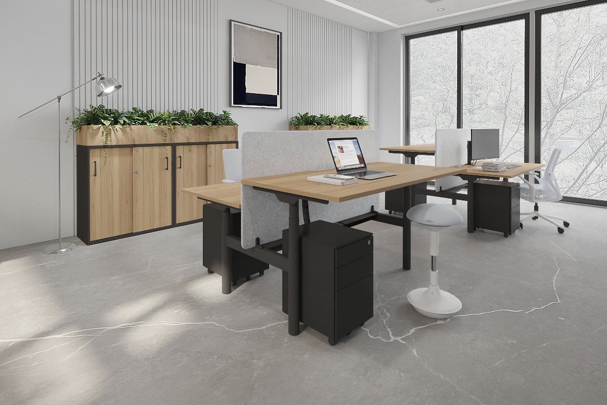 Flexi Premium Height Adjustable 2 Person H Bench Workstation - Black Frame [1600L x 800W with Cable Management] - Ideal for Office, Home Workspace & Collaborative Work Environments
