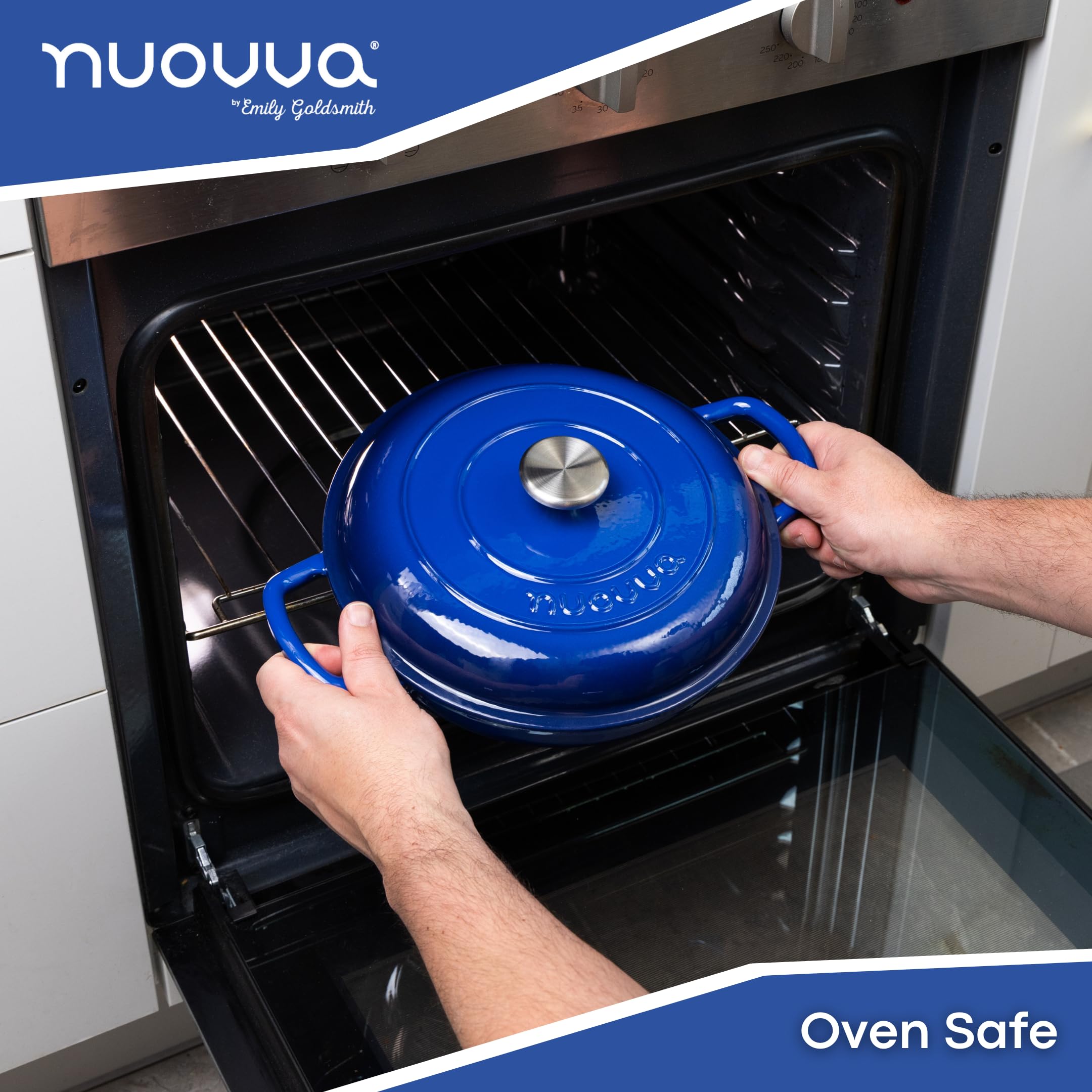 Nuovva 2.3-Quart Enameled Cast Iron Dutch Oven with Lid - Nonstick, Oven & Stovetop Safe up to 500°F - 26cm Dark Blue Casserole Pot for Braising, Stewing & Baking - Durable Enameled Cookware for Kitchen & Camping
