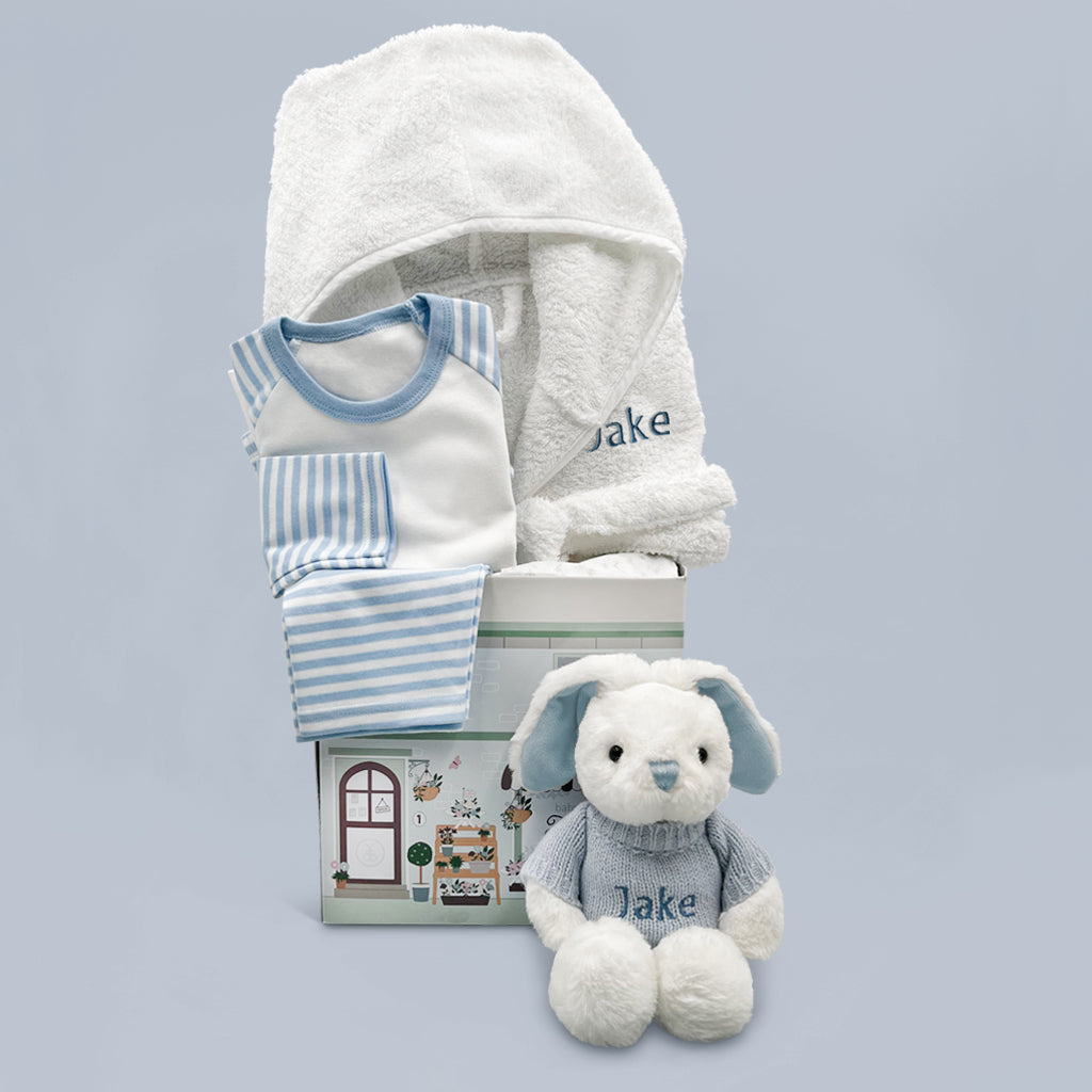 Personalized Little Bunny Baby Bathrobe & Bedtime Hamper Set - Blue for 6-12 Months - Perfect for Bath Time, Bedtime & Newborn Photo Shoots