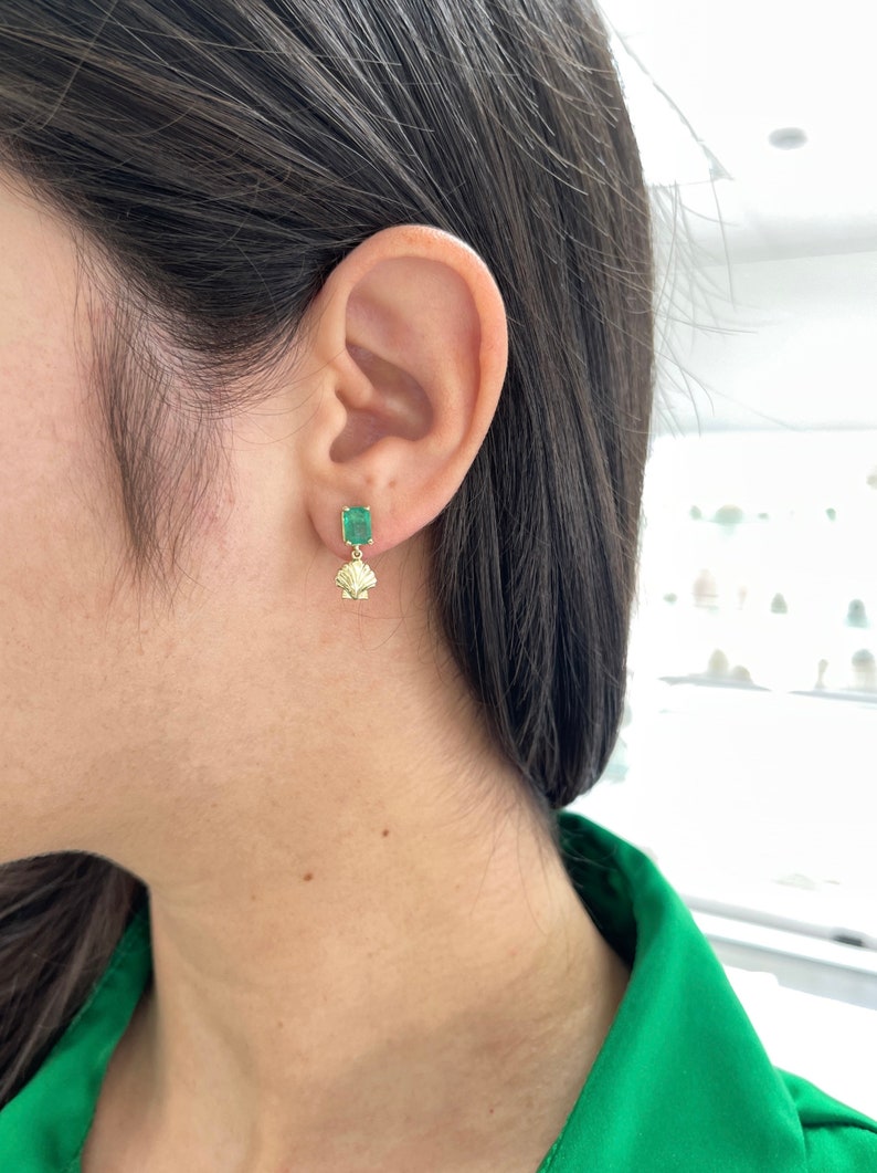 14K Gold Emerald & Gold Ocean Sea Shell Dangle Stud Earrings - 1.90tcw Elegant Jewelry for Women, Beach Wedding, Party & Gift Giving