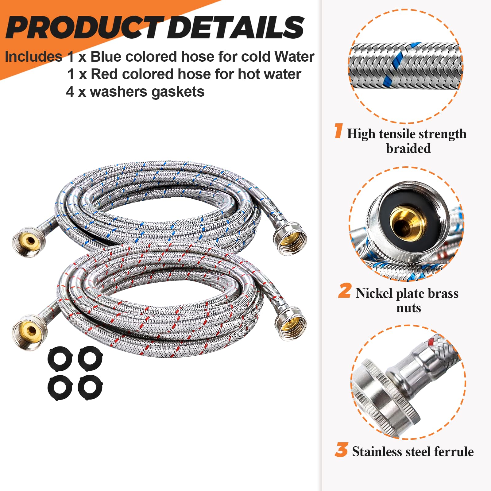 Beaquicy 15ft Long Washing Machine Hoses (2 Pack) - Stainless Steel Hot and Cold Water Supply Lines with Striped Design - Universal Fit for All Washing Machines - Burst Proof & Leak Free - 10 Year Warranty - Perfect for Laundry Rooms, Basements, and Apartments