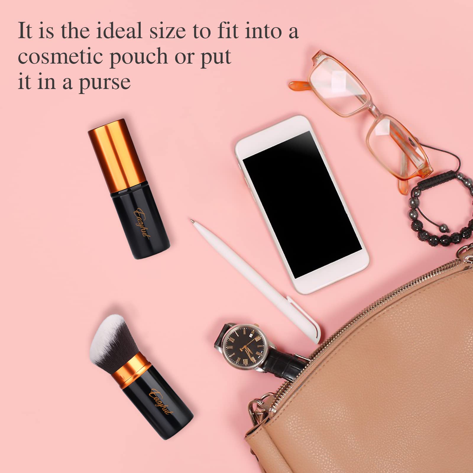 Retractable Kabuki Makeup Brush Set - 2 Pack Flat & Angled Foundation & Blush Brushes for Liquid, Cream & Powder Cosmetics | Travel-Friendly | Orange & Black | Perfect for On-The-Go Touch Ups & Professional Makeup Application