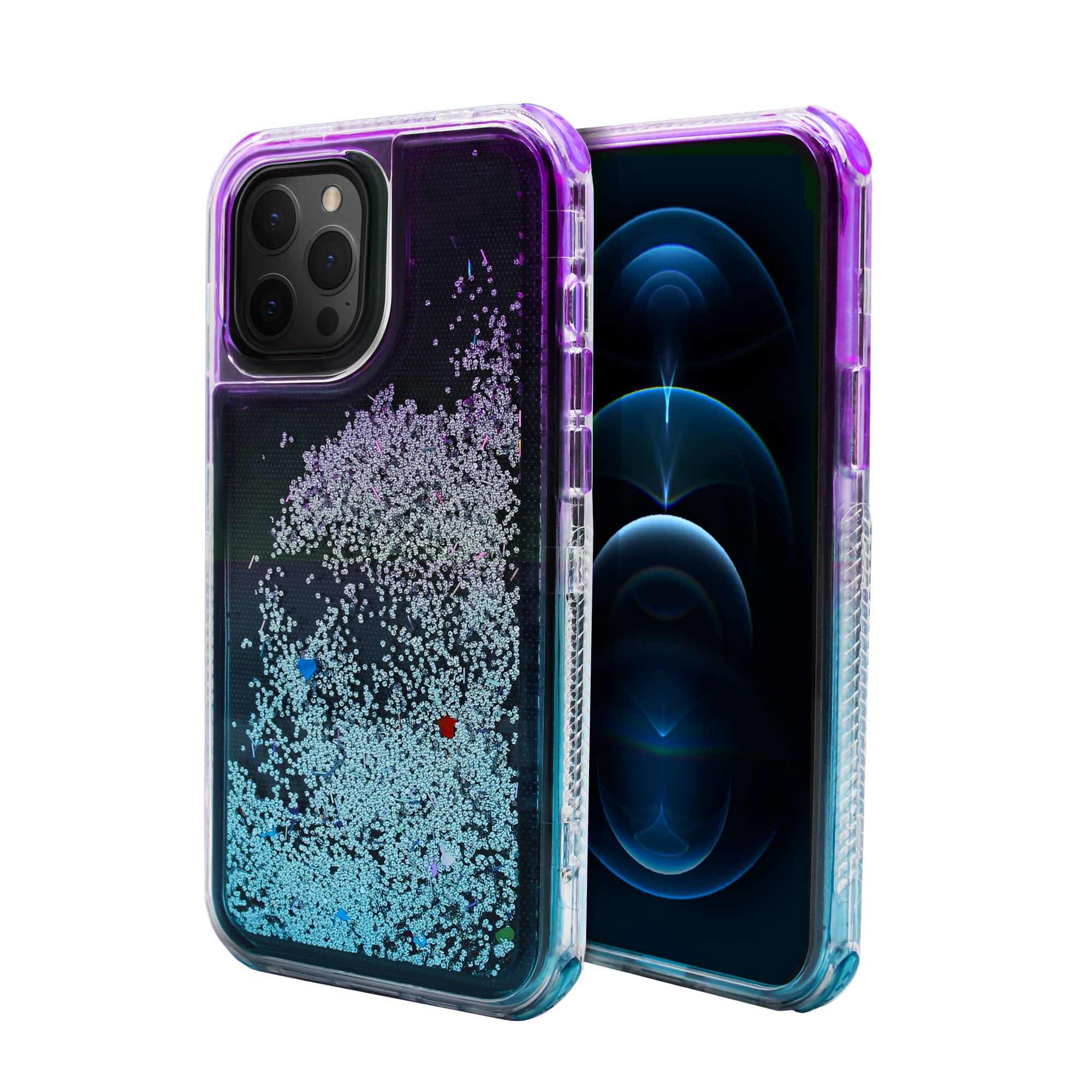 Shockproof Glitter Phone Case for iPhone 12 Pro Max - Cute 2-Tone Moving Sand Cover with Anti-Scratch Protection | Stylish Purple & Sky Blue Design | Perfect for Daily Use, Travel, and Gift Giving
