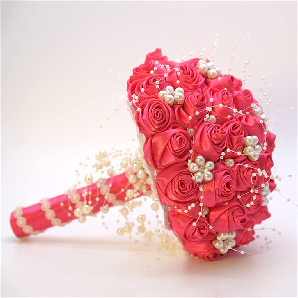 Artificial Pearl Rose Wedding Bouquet - Bridal & Bridesmaid Flowers with Soft Ribbon - Elegant Fake Roses for Bridal Party, Ceremony & Photo Props (Color C)