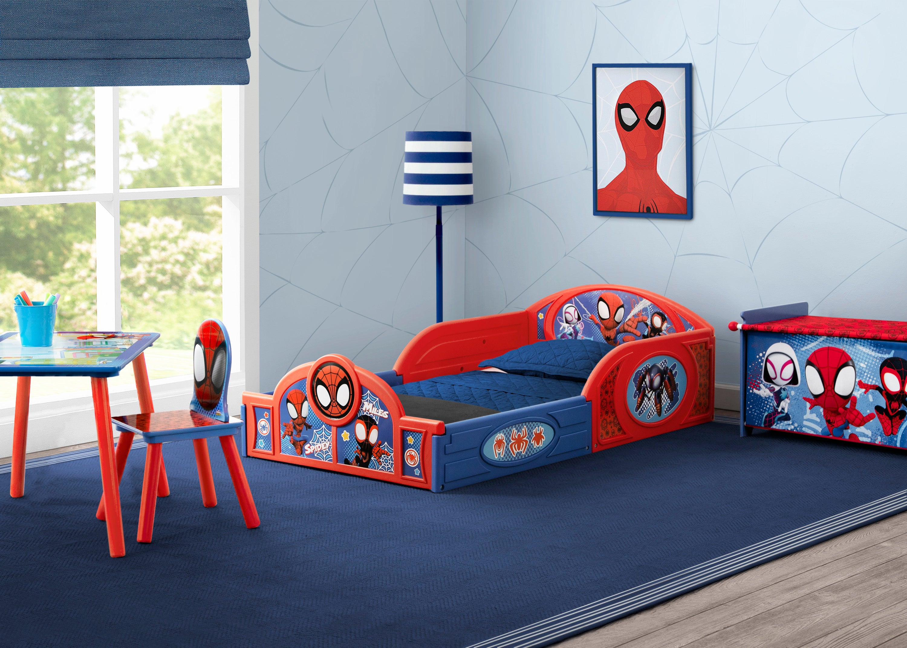 Marvel Spidey and His Amazing Friends 4-Piece Toddler Bedroom Set - Includes Toddler Bed, Table, Chair & Toy Box for Kids Room Decor | Perfect for Playtime, Naptime and Superhero-Themed Nursery