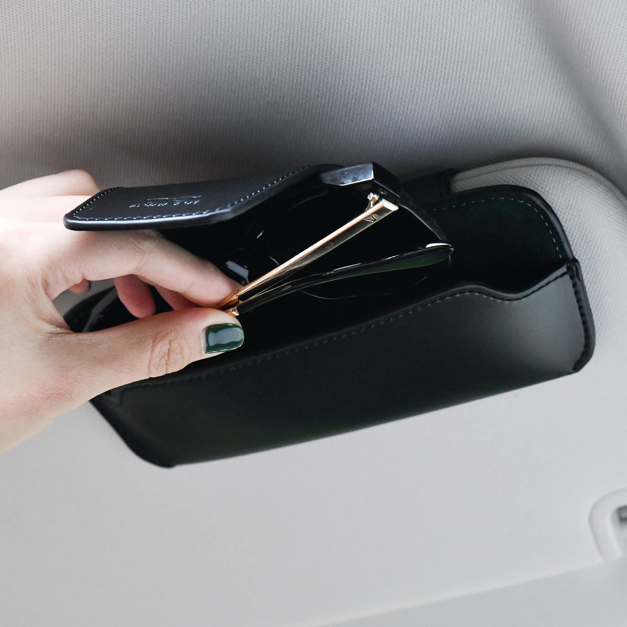 Premium Leather Car Visor Sunglass Holder - Universal Eyeglasses Storage Case for Sun Glasses & Reading Glasses - Perfect for Road Trips, Commuting & Daily Driving Accessories