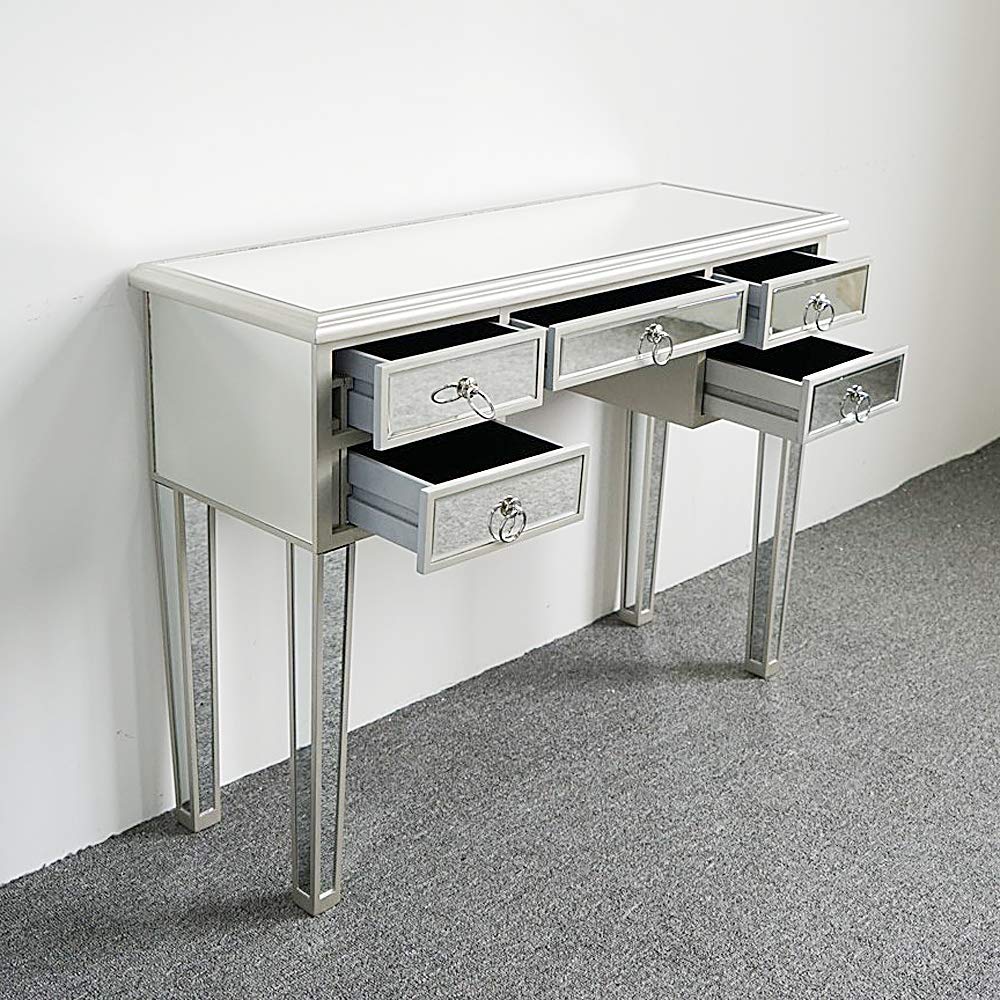 Mirrored Vanity Table with 5 Drawers - Elegant Makeup Desk & Console Table for Women, Home Office Writing Desk with Smooth Finish | Perfect for Bedroom, Dressing Room & Home Office Organization