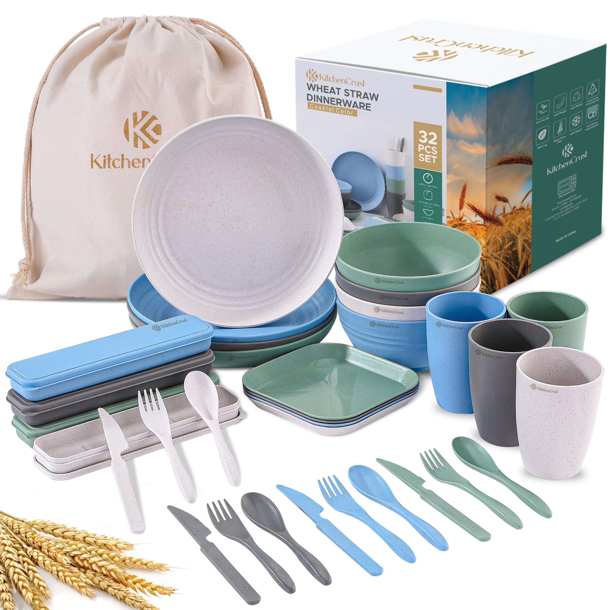 Eco-Friendly Wheat Straw Dinnerware Set for 4 (33pcs) - Unbreakable Plates, Bowls & Cups | Microwave & Dishwasher Safe | Perfect for Camping, Picnics, Kids Meals & Everyday Use | Reusable BPA-Free Dish Set