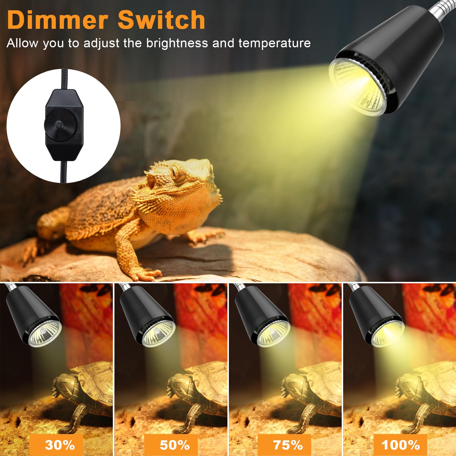 Reptile Heat Lamp with Clamp - UVA/UVB Basking Light for Bearded Dragons, Turtles, Snakes & Lizards | 360° Rotatable Clip & 2 Heat Bulbs Included | Ideal for Terrariums, Vivariums & Reptile Habitats