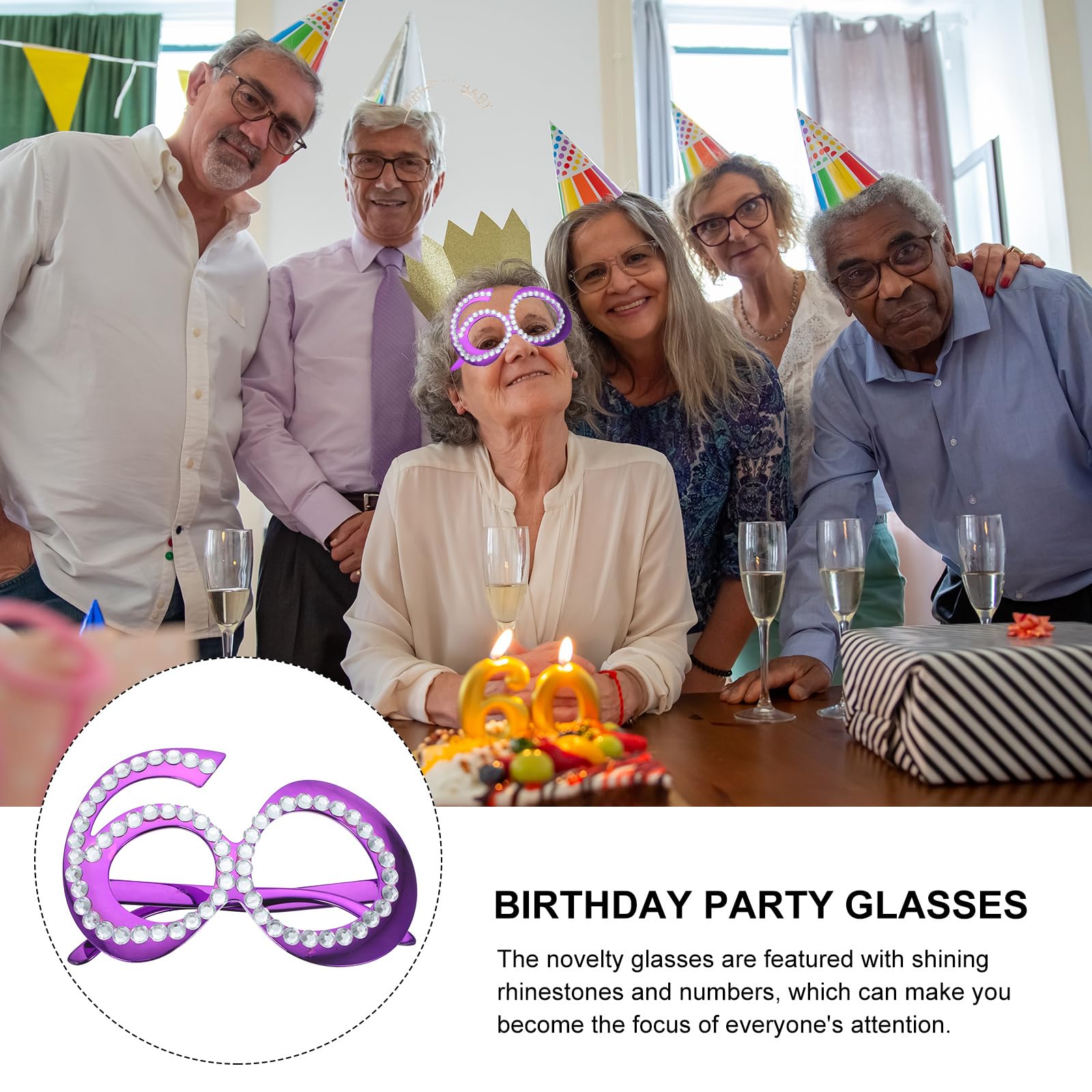 1 Pair Rose Gold & Purple Birthday Glasses - Fun 60th Birthday Party Supplies, Eyewear Props with Name Tag for Women & Men - Perfect for Birthday Photos, Celebrations & Costume Parties