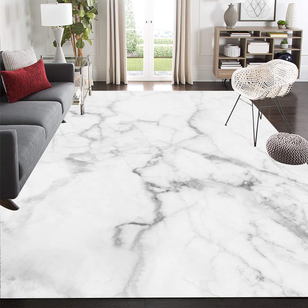 Modern Abstract Grey White Marble Swirl Area Rug - Non-Shedding Washable Soft Accent Carpet for Living Room, Bedroom, Kitchen, Dining Room & Home Office - Perfect Under Coffee Table - 5x8 Feet Retro Floor Rug for Luxurious Home Decor