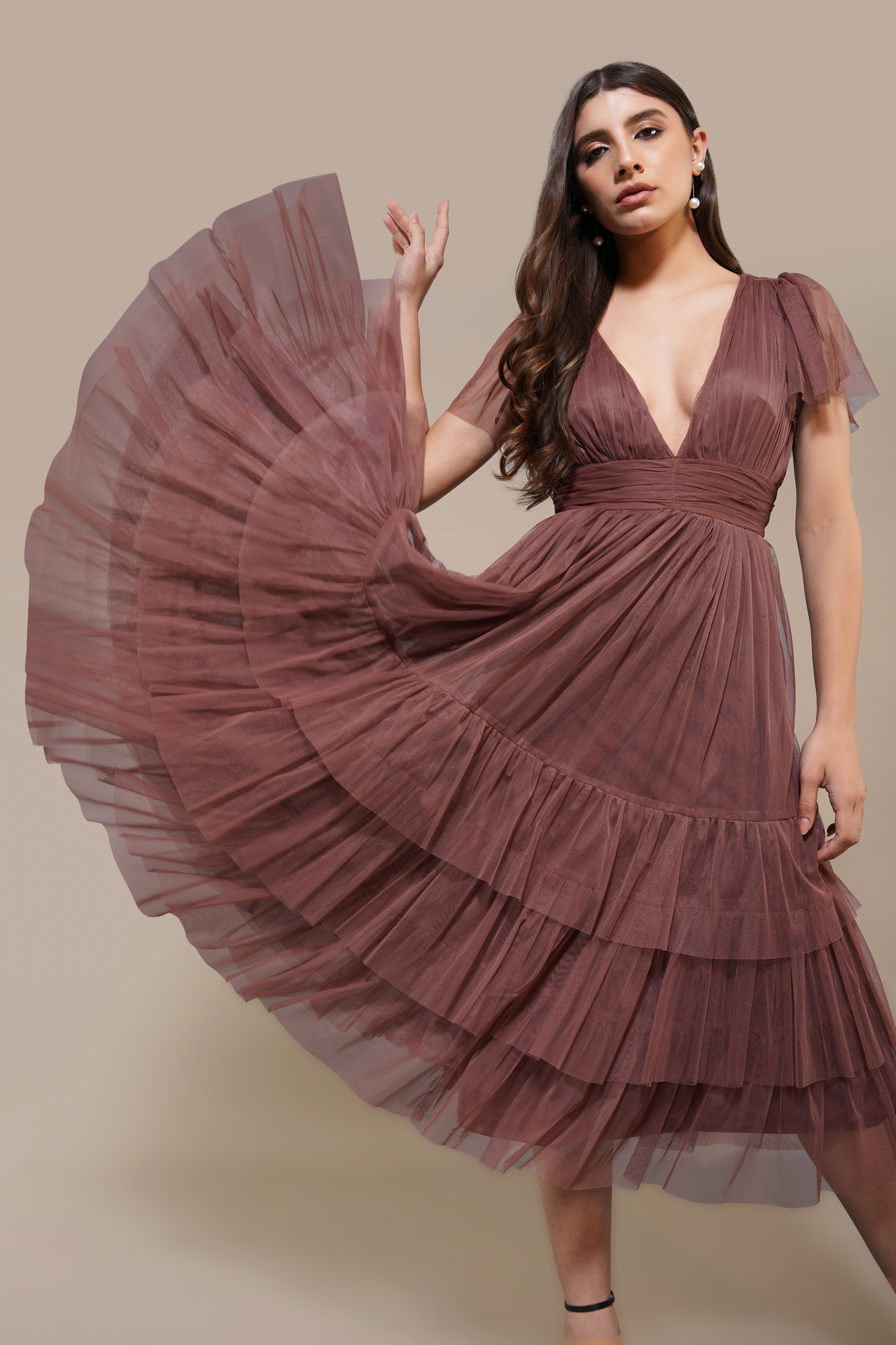 Madison Rose Brown Tulle Bridesmaid Midi Dress - Elegant Tea-Length Formal Gown for Weddings, Prom & Special Occasions
