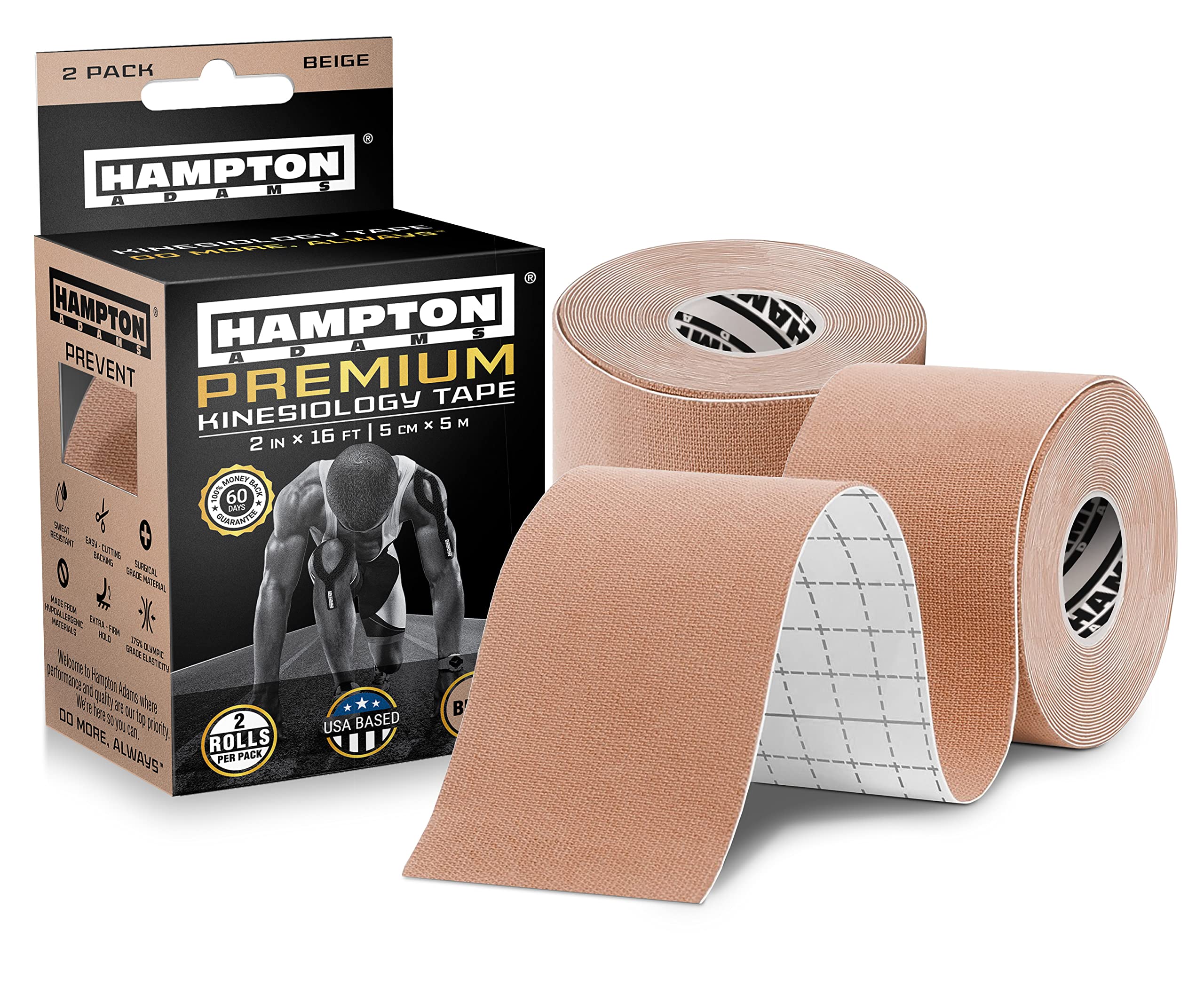 Hampton Adams (2 Pack) Premium Kinesiology Tape - Athletic Sports Tape for Muscle Support, Knee Pain Relief, Shoulder Stability & Plantar Fasciitis | Waterproof, Hypoallergenic & Breathable | Beige Uncut Kinesio Tape | Ideal for Running, CrossFit, Yoga & Post-Workout Recovery