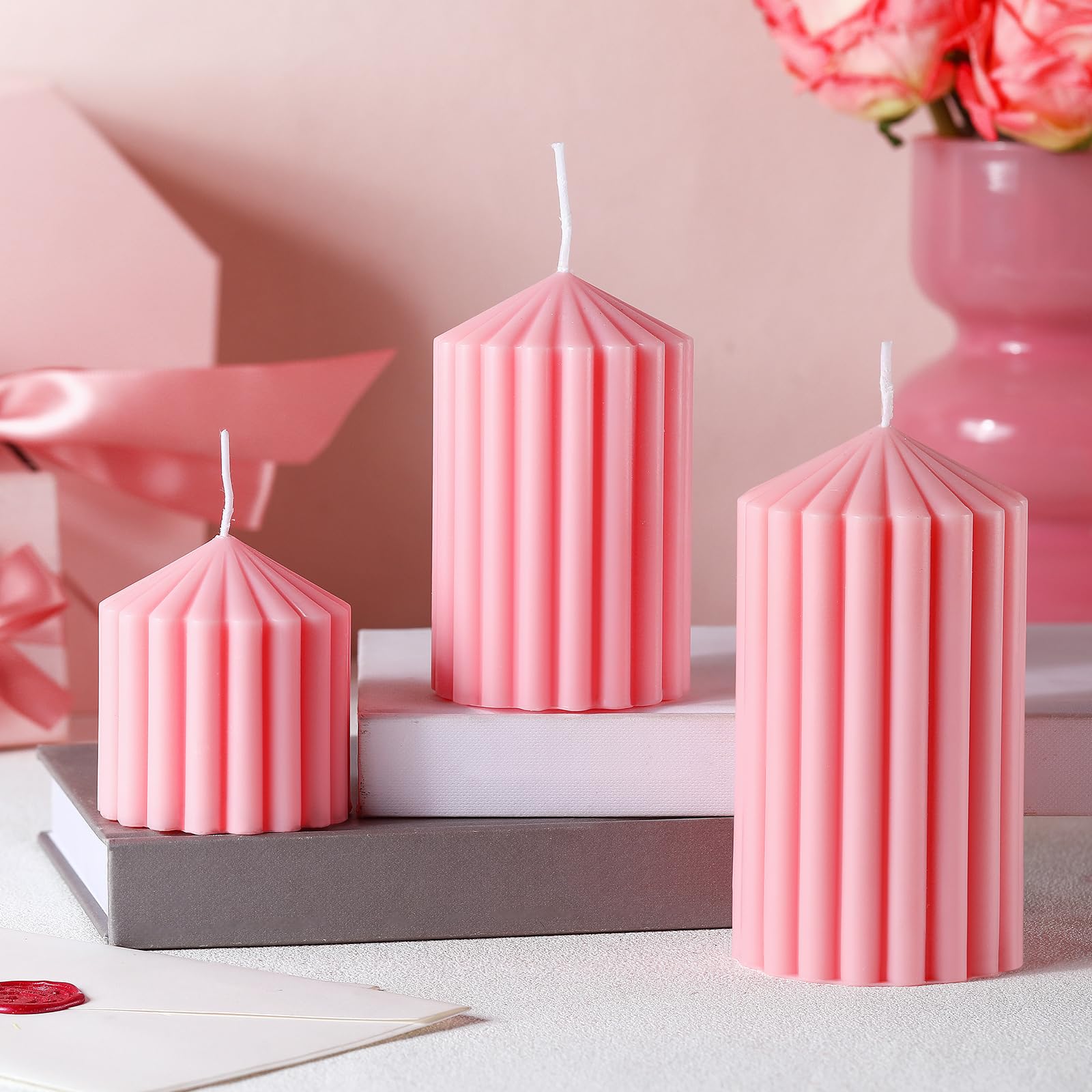 Soy Wax Ribbed Pillar Candles Set of 3 - 2.8 to 5.1 Inches, Pink for Home Decor & Gifts