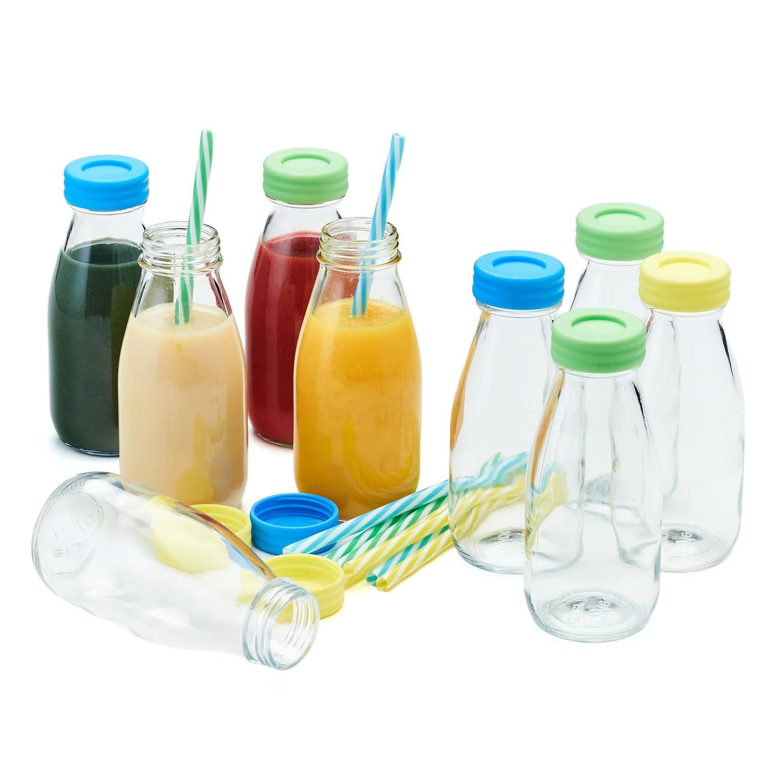 10 oz Glass Milk Bottles with Lids & Straws (9 Pack) - Small Airtight Reusable Juice Bottles for Yogurt, Water, Smoothies - Perfect for Kids Lunch, Home Brewing, Coffee Shops & Vintage Style Kitchen Storage
