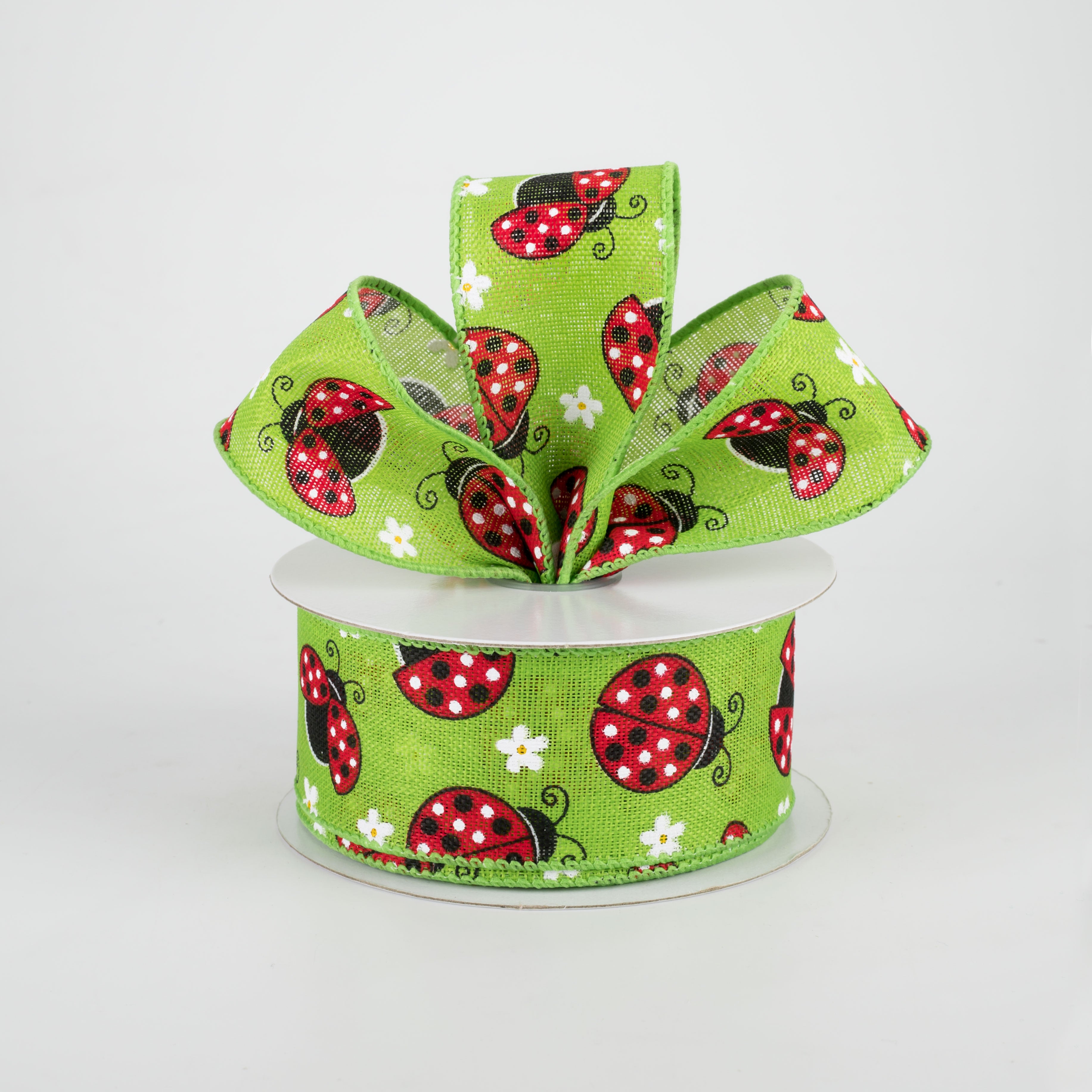 1.5 Inch Ladybugs and Daisies Printed Ribbon - Lime Green (10 Yards) for Gift Wrapping, DIY Crafts, and Party Decorations