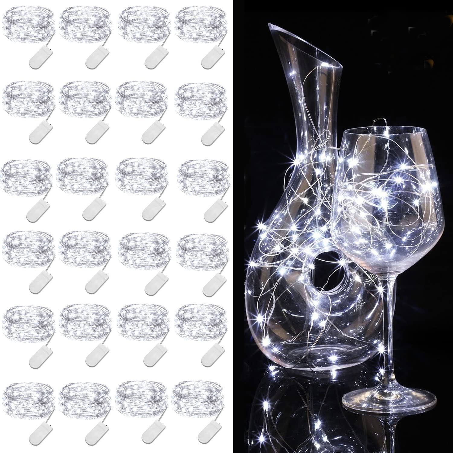 24 Pack Cool White Fairy Lights - 3.3ft 20 LED Battery Operated String Lights, Waterproof Mini Firefly Lights for Wedding, Party, Crafts, Mason Jars Decor | Indoor & Outdoor Decoration, Christmas Tree, Garden, Bedroom Lighting