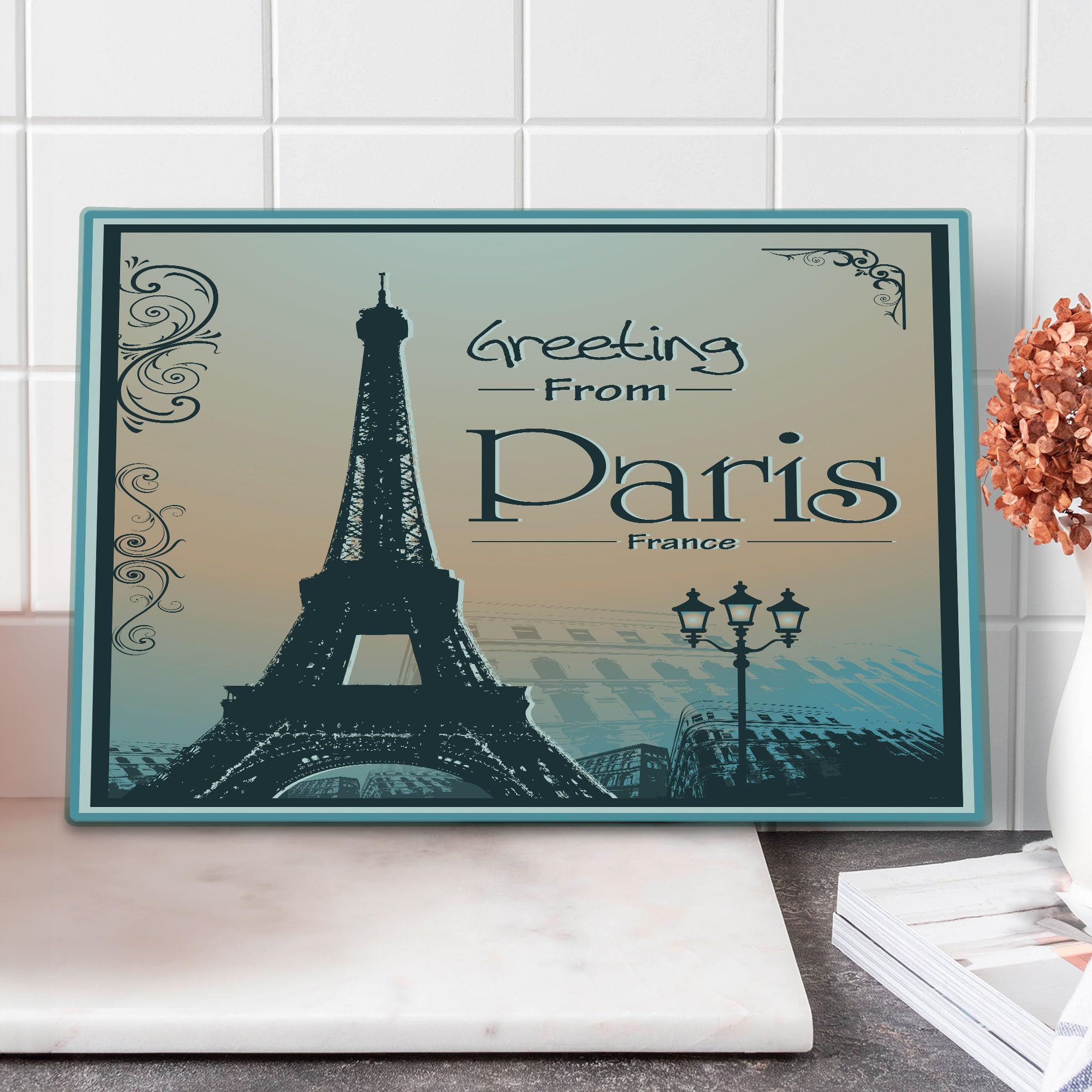 Ambesonne Eiffel Tower Tempered Glass Cutting Board - Large Paris France Themed Serving Tray with Romantic Design in Peach, Slate Blue, Sky Blue & White - Perfect for Kitchen Decor, Cheese Platters, and French-Themed Dinner Parties