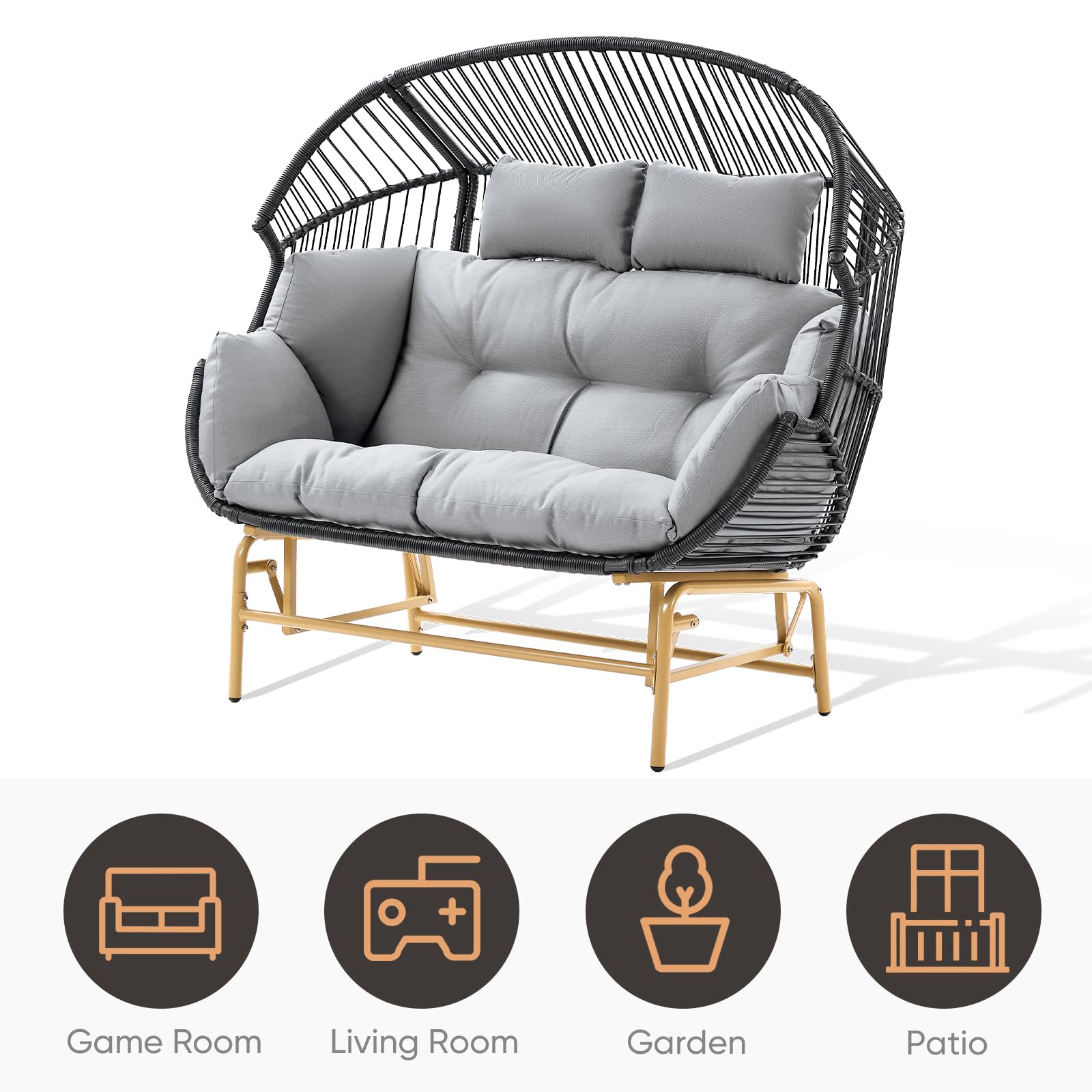 2-Person Outdoor Egg Chair - Wicker Rattan Rocking Glider Patio Lounge Chair with Cushion & Pillow for Porch, Deck, Backyard, Garden (Grey) - Perfect for Relaxing, Sunbathing & Outdoor Entertaining