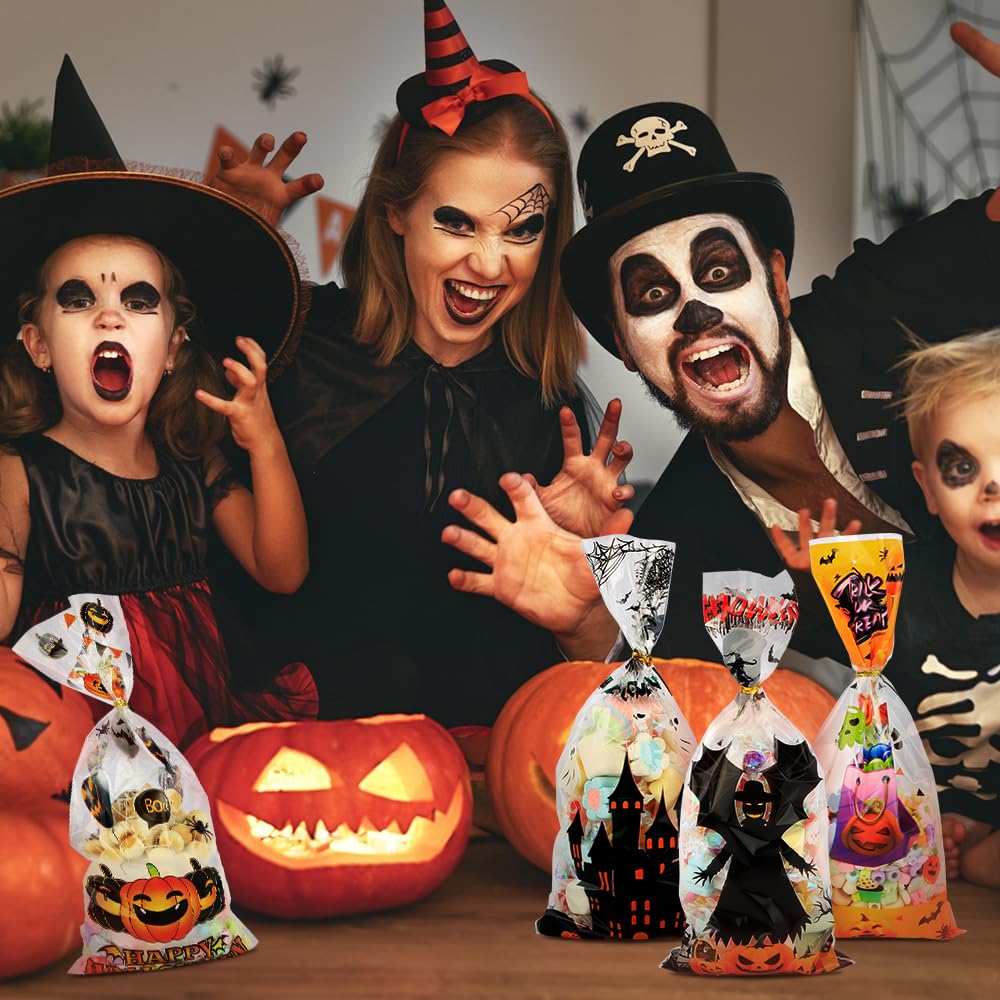 100PCS Clear Cellophane Treat Bags with Twist Ties - Halloween Candy Bags, Cookie Goodie Bags for Trick or Treat, Party Favors, Birthday Gifts & Holiday Treat Packaging