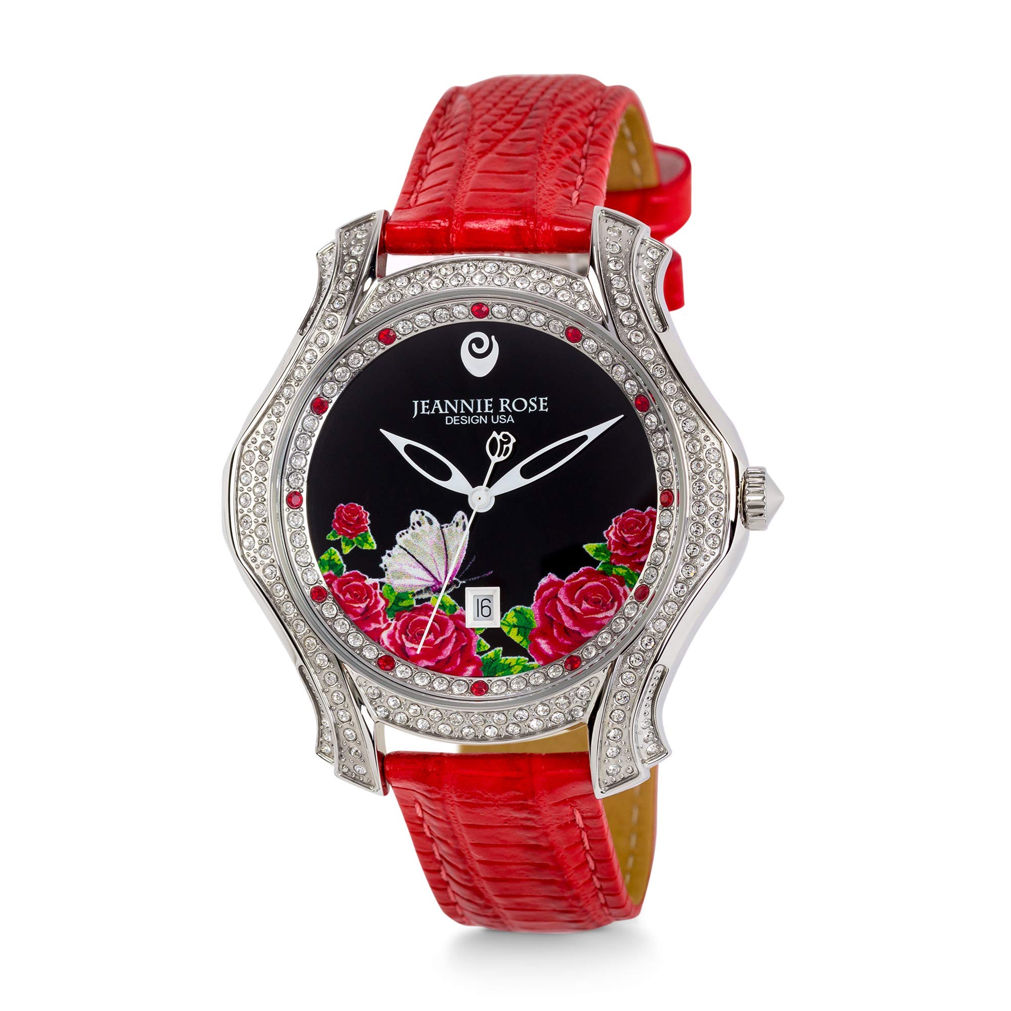 JEANNIE ROSE 40MM Women's Analog Watch - Fluttering Blossoms of Love Design, Red Stainless Steel Case | Perfect for Valentine's Day Gifts, Anniversary Presents & Everyday Elegant Wear
