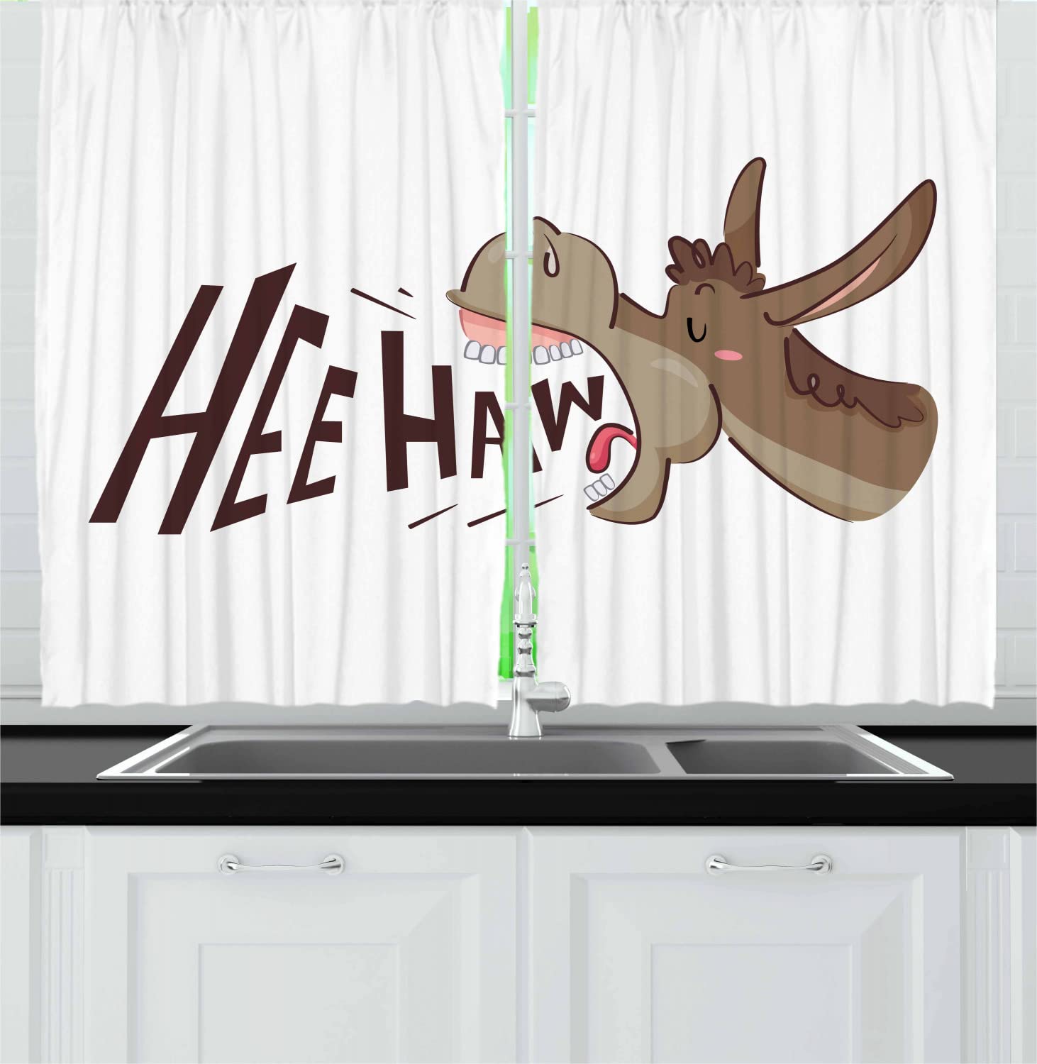Ambesonne Funny Donkey Kitchen Curtains - Cartoon Donkey with HEE Haw Text, Farm Animal Print, 2 Panel Rod Pocket Drapes for Windows, 55 x 45 Inches, Brown Pink & White - Perfect for Farmhouse, Country Kitchen & Playroom Decor