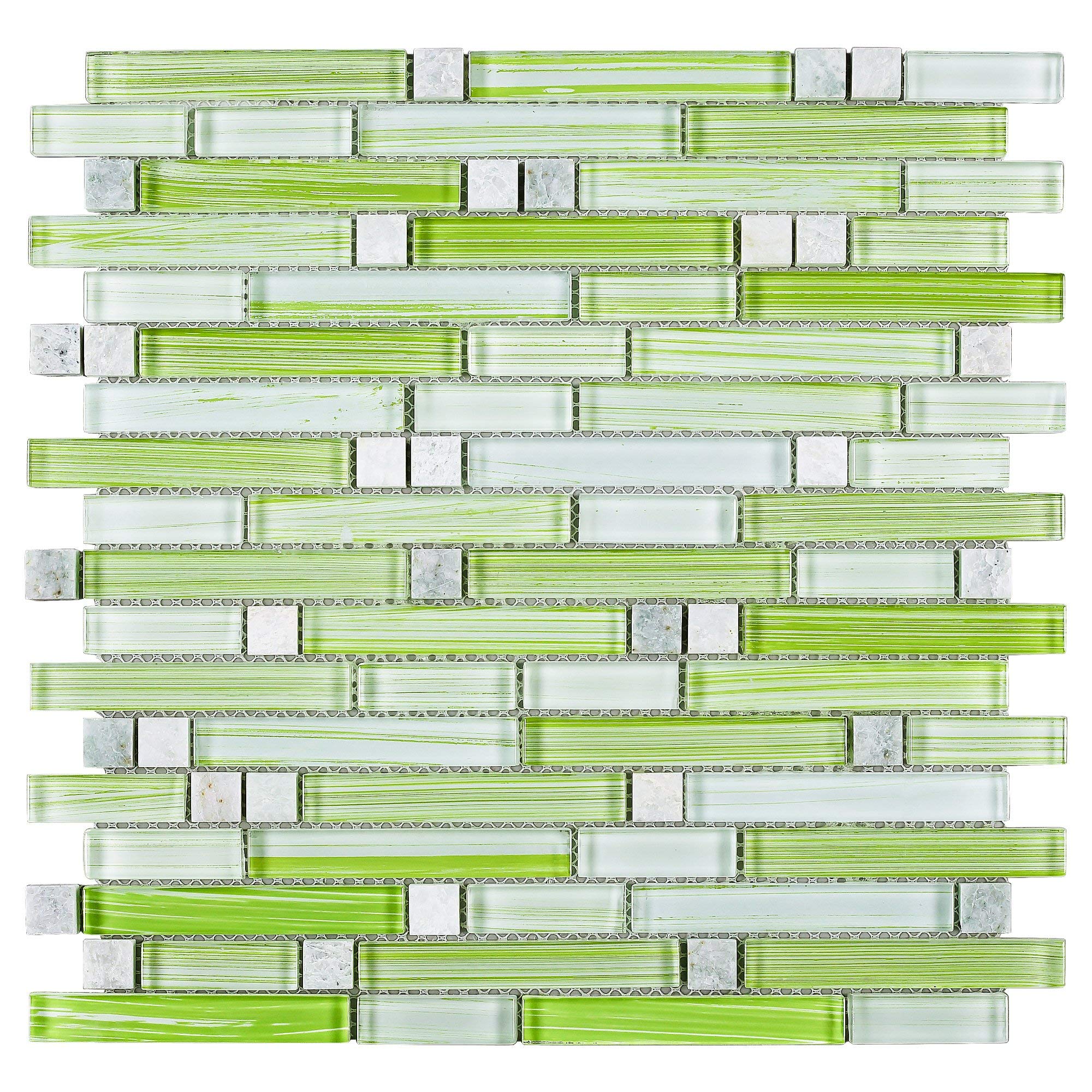 TNLQG-04 Apple Green Glass Mosaic Tile with Floral Pattern - 10 Sheets Peel and Stick Backsplash for Kitchen, Bathroom, Shower Wall - Waterproof DIY Home Decor