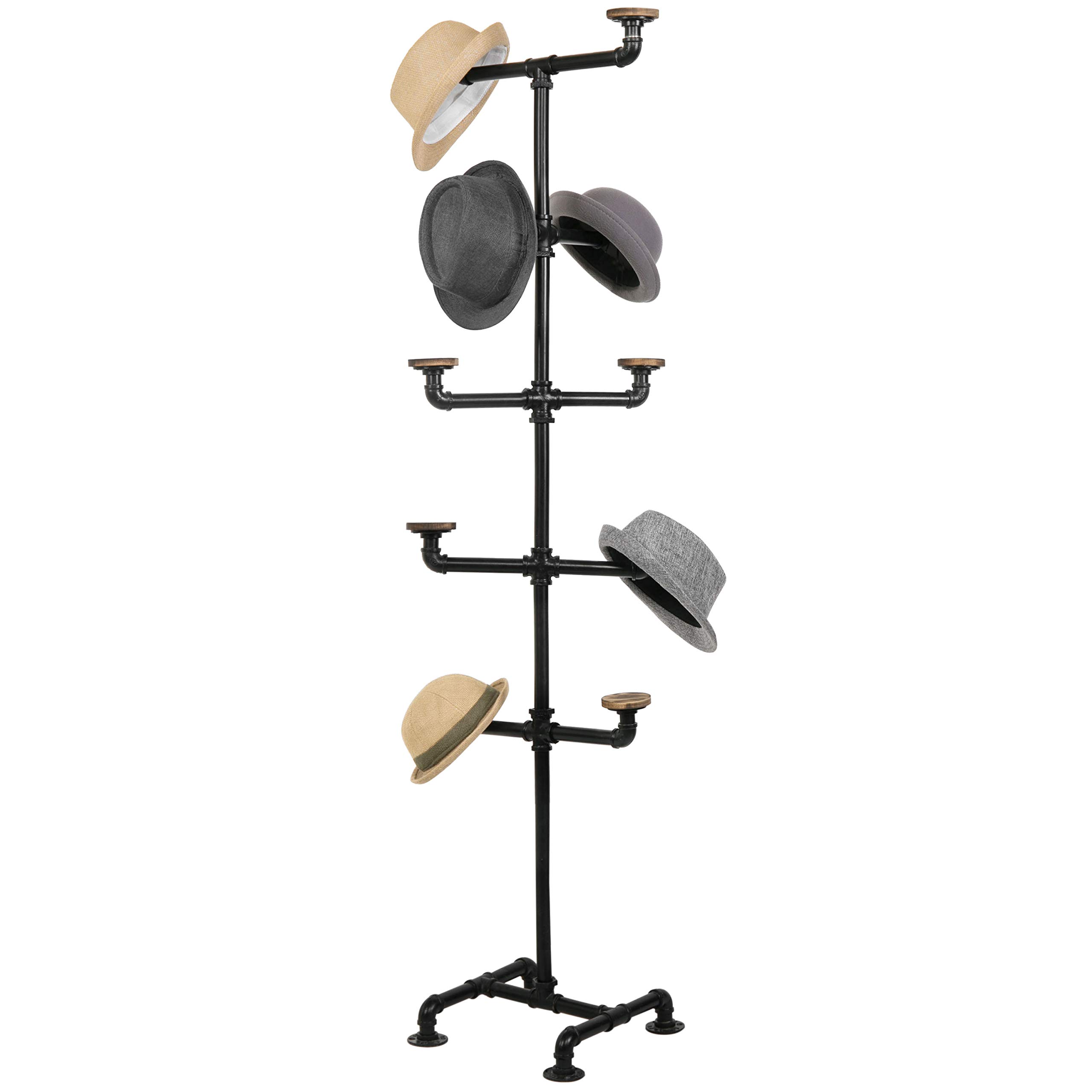 MyGift Industrial Black Metal Pipe Hat Rack Stand with 10 Rustic Wood Hangers - Decorative Hat Tree for Hats, Caps & Wigs - Perfect for Bedroom, Entryway or Salon Organization