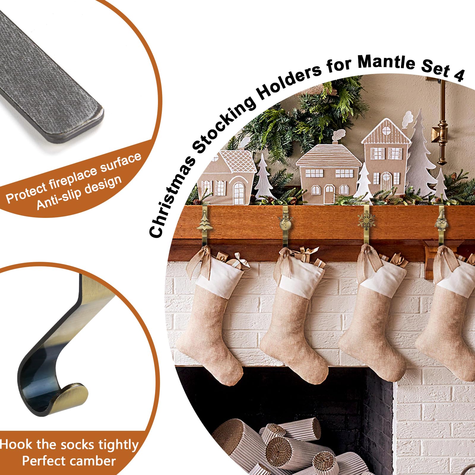 4-Piece Bronze Christmas Stocking Holders for Mantel - Elegant Stocking Hangers & Hooks Set - Perfect for Fireplace Decor, Holiday Home Decor, and Christmas Gift Exchange