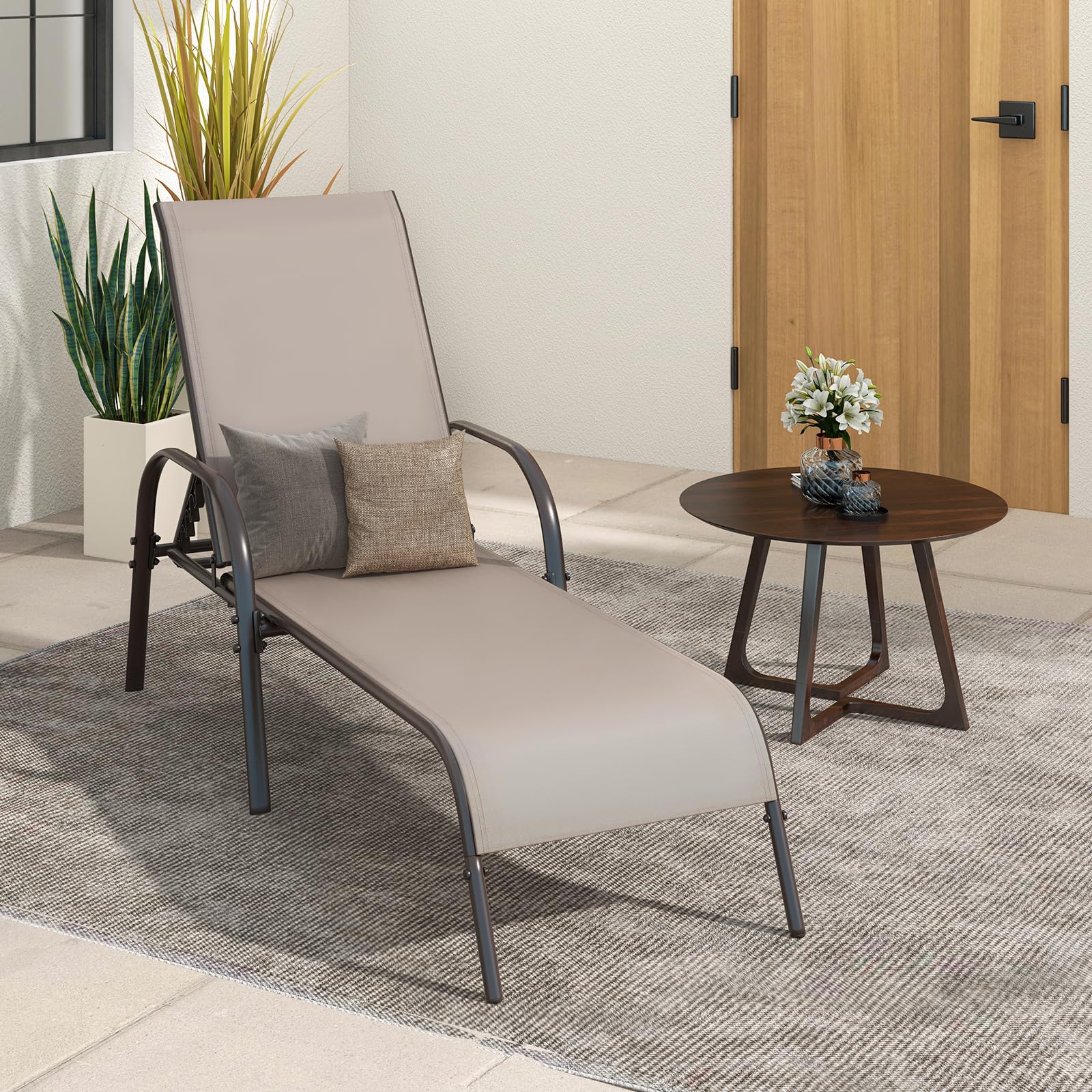 Giantex Adjustable Patio Lounge Chair - 5-Position Reclining Outdoor Chaise Lounge with Sturdy Steel Frame - Perfect for Sunbathing, Beach, Poolside, Backyard & Balcony Relaxation - Weather-Resistant Brown Outdoor Furniture