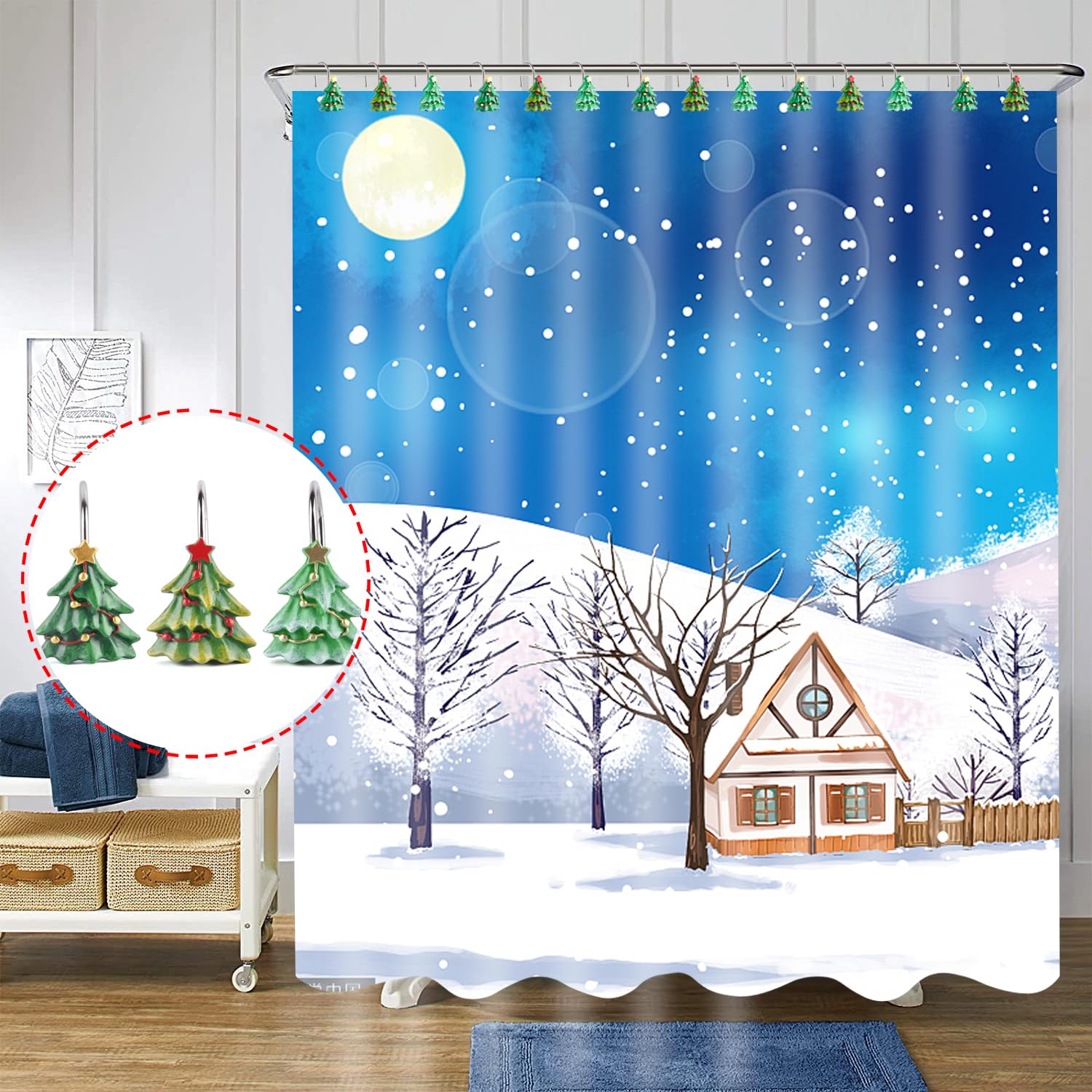 12 Pack Christmas Tree Shower Curtain Hooks - Rustproof Bathroom Decorations for Holiday Season | Winter Home Decor & Christmas Party Supplies