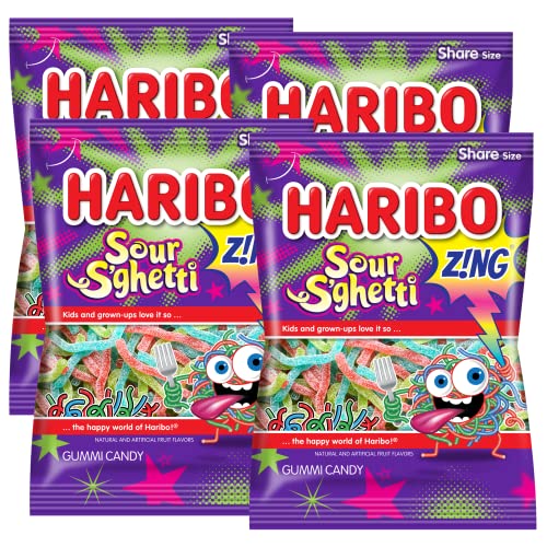 Haribo Sour Sghetti Gummy Candy - Pack of 4 (4oz to 5oz Bags) - 20 Flavor Options - Perfect for Halloween Treats, Party Favors & Snack Time