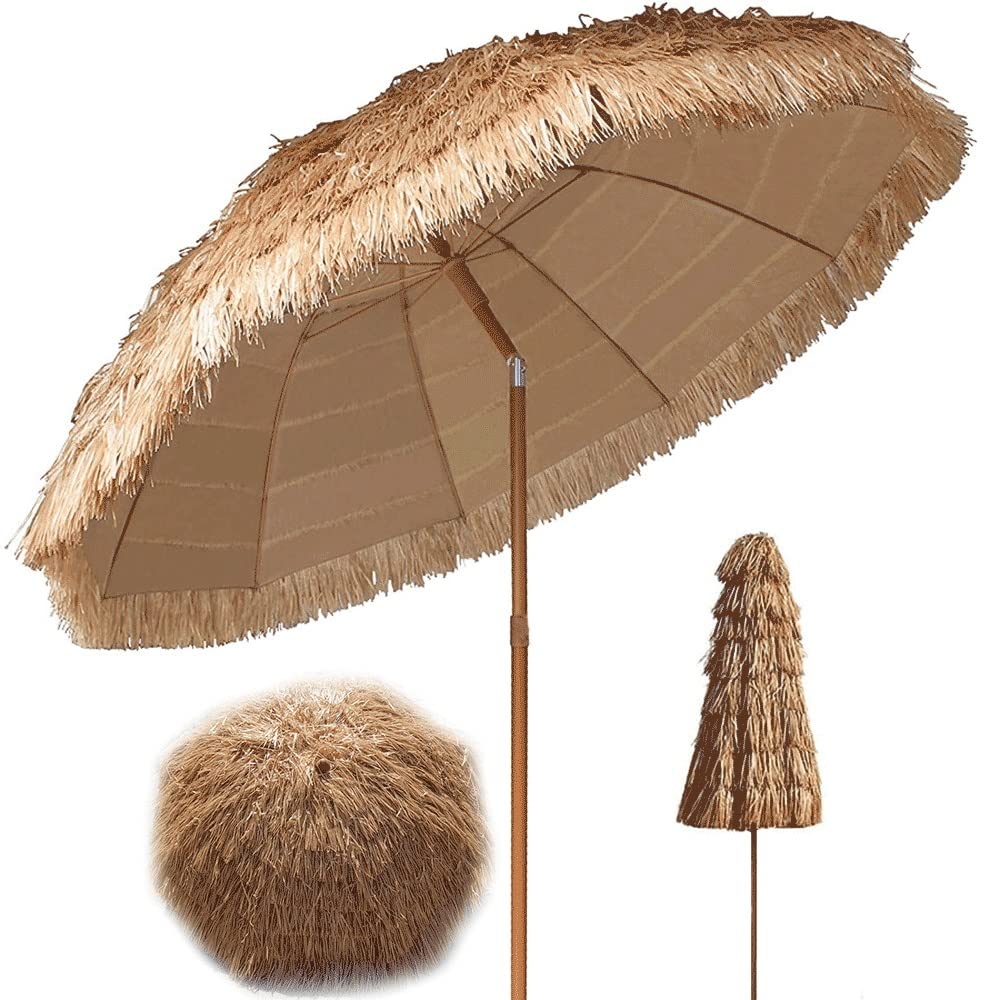 8ft Hawaiian Tropical Tiki Beach Umbrella - UV Resistant Thatch Patio Umbrella with Tilt Function for Poolside, Luau Party & Backyard Decor (Base Not Included) | Perfect for Beach Resorts, Tiki Bars & Outdoor Dining Areas