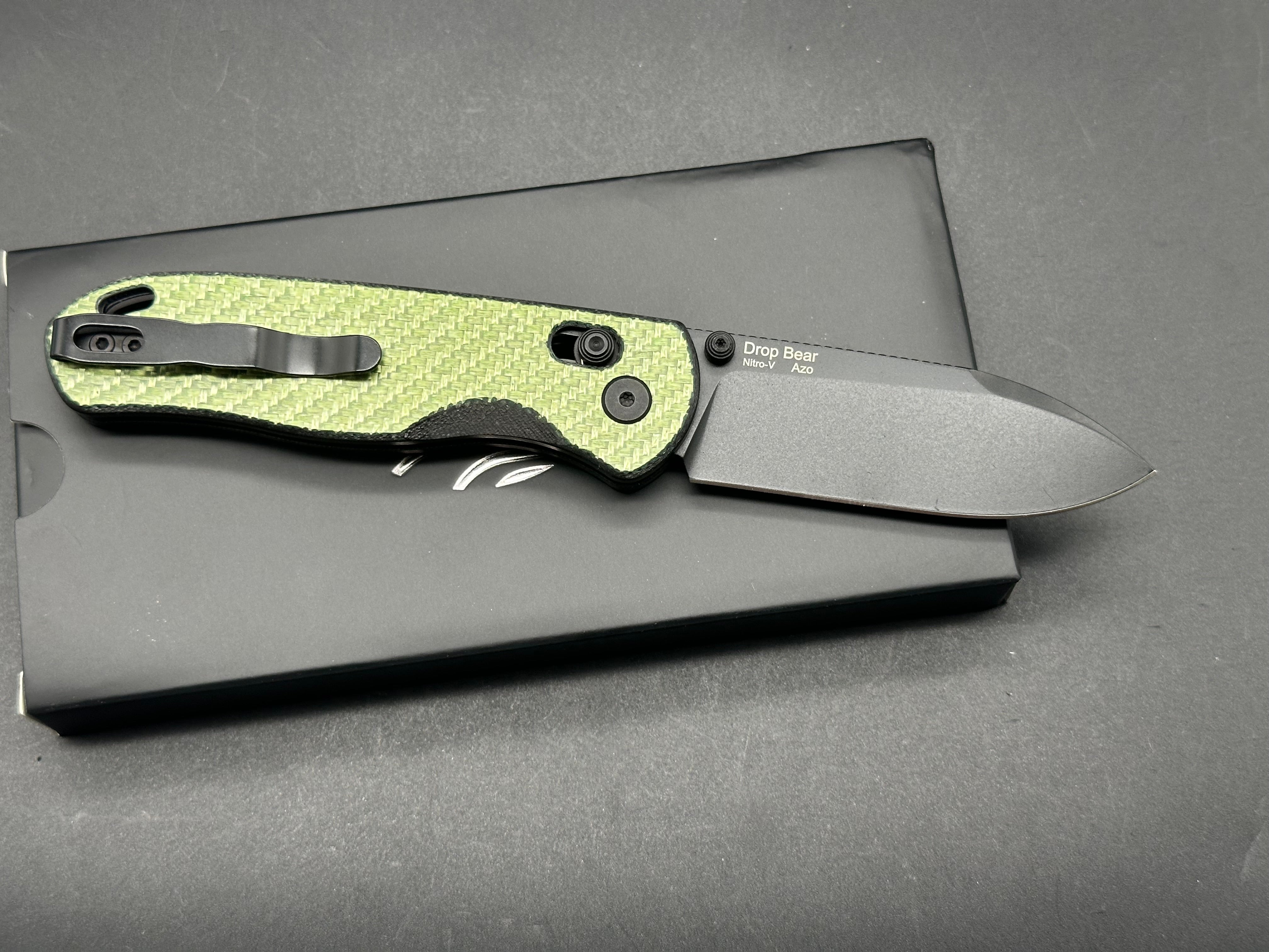 KIZER DROP BEAR Folding Pocket Knife - Green Carbon Fiber Handle, NITRO-V Steel Blade, Black Plain Edge - EDC, Camping, Hiking & Outdoor Survival Tool
