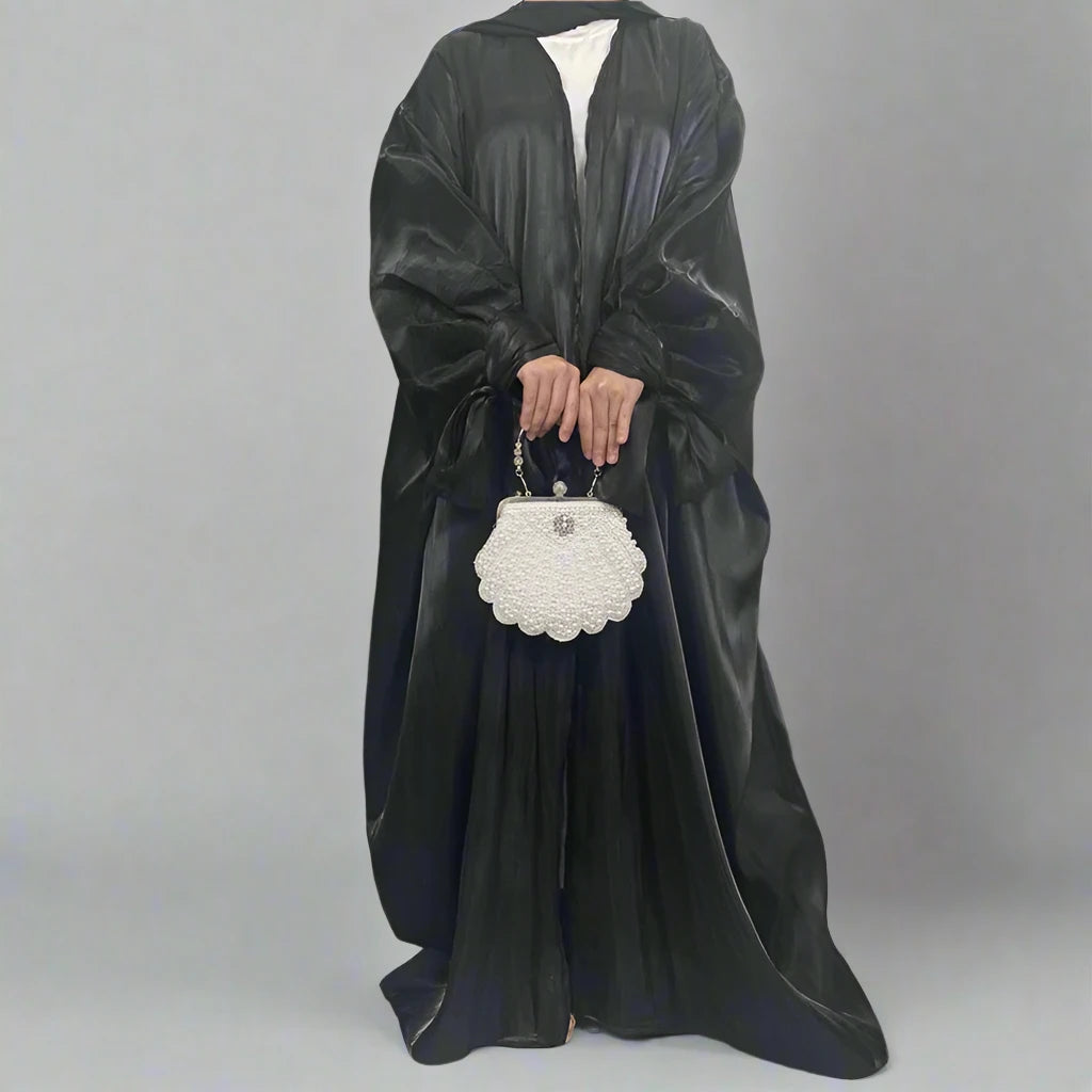 Elegant Muslim Abaya Dress - Soft Silk Satin Open Cardigan for Women | Perfect for Prayer, Mosque, and Special Occasions