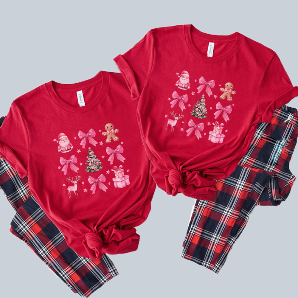 Coquette Christmas Icons Matching Family Pajama Set - Mother & Child Holiday Sleepwear with Festive Tee and Pants | Perfect for Christmas Morning & Family Photos