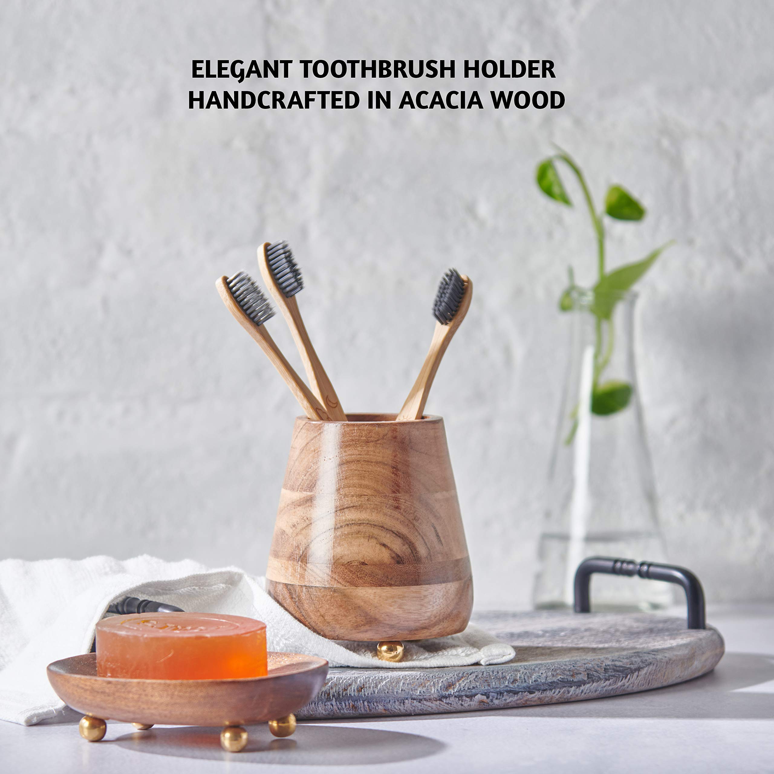 Folkulture Wooden Toothbrush Holder & Water Repellent Shower Curtain Set - Modern Bathroom Organizer with Tassels for Toothbrush Storage & Shower Protection | Perfect for Small Bathrooms, Dorm Rooms & Apartment Decor