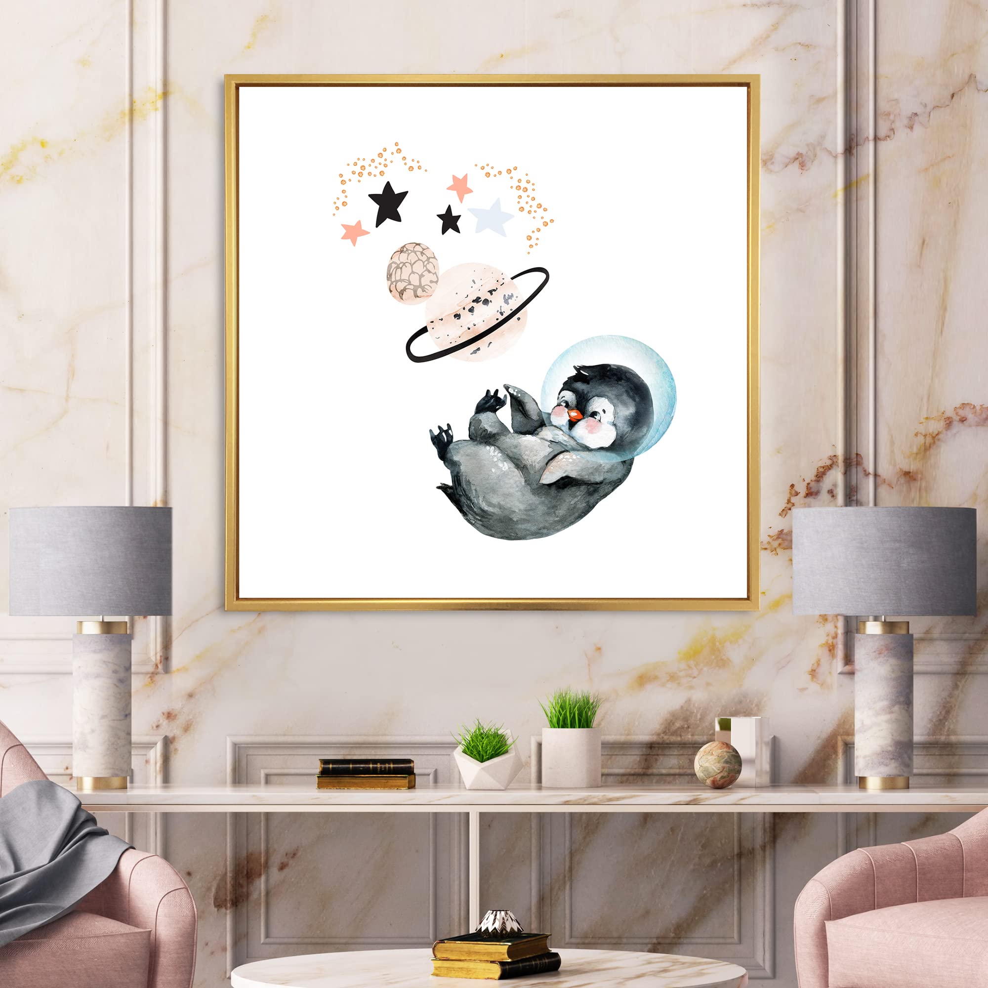DesignQ Little Penguin with Stars and Planets Farmhouse Framed Canvas Wall Art Print - Nursery Decor, Kids Room Decoration, Living Room Wall Art
