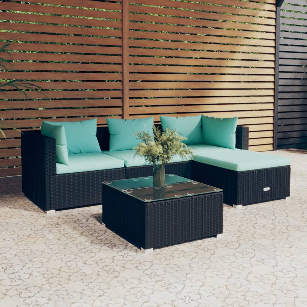 vidaXL 5-Piece Patio Lounge Set - Outdoor Garden Furniture, Black Poly Rattan Sectional Sofa with Cushions - Perfect for Backyard, Poolside & Patio Relaxation